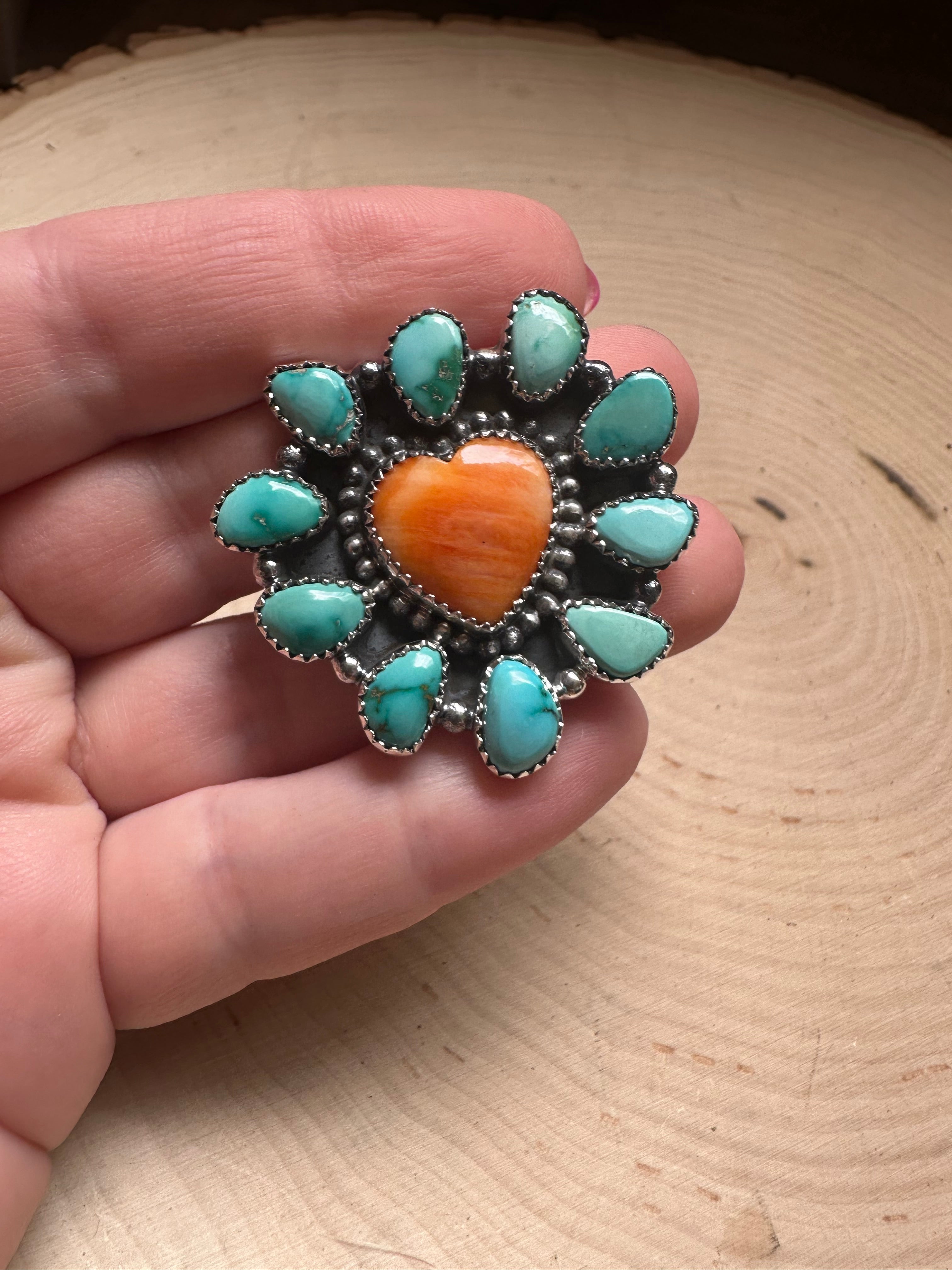 Handmade Sonoran Turquoise, Orange Spiny And Sterling Silver Adjustable Heart Ring Signed Nizhoni