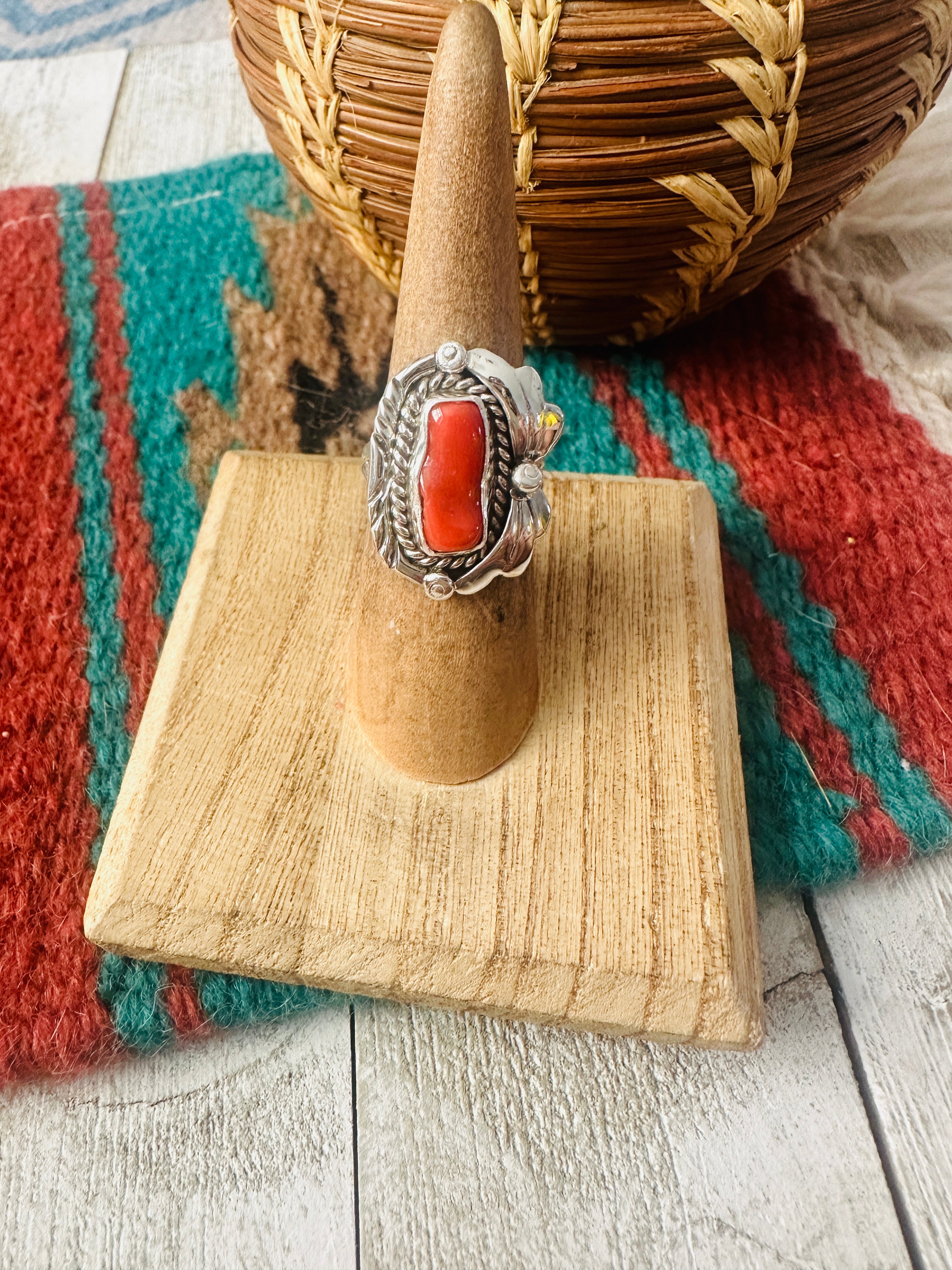 Navajo Coral & Sterling Silver Ring Size 5.5