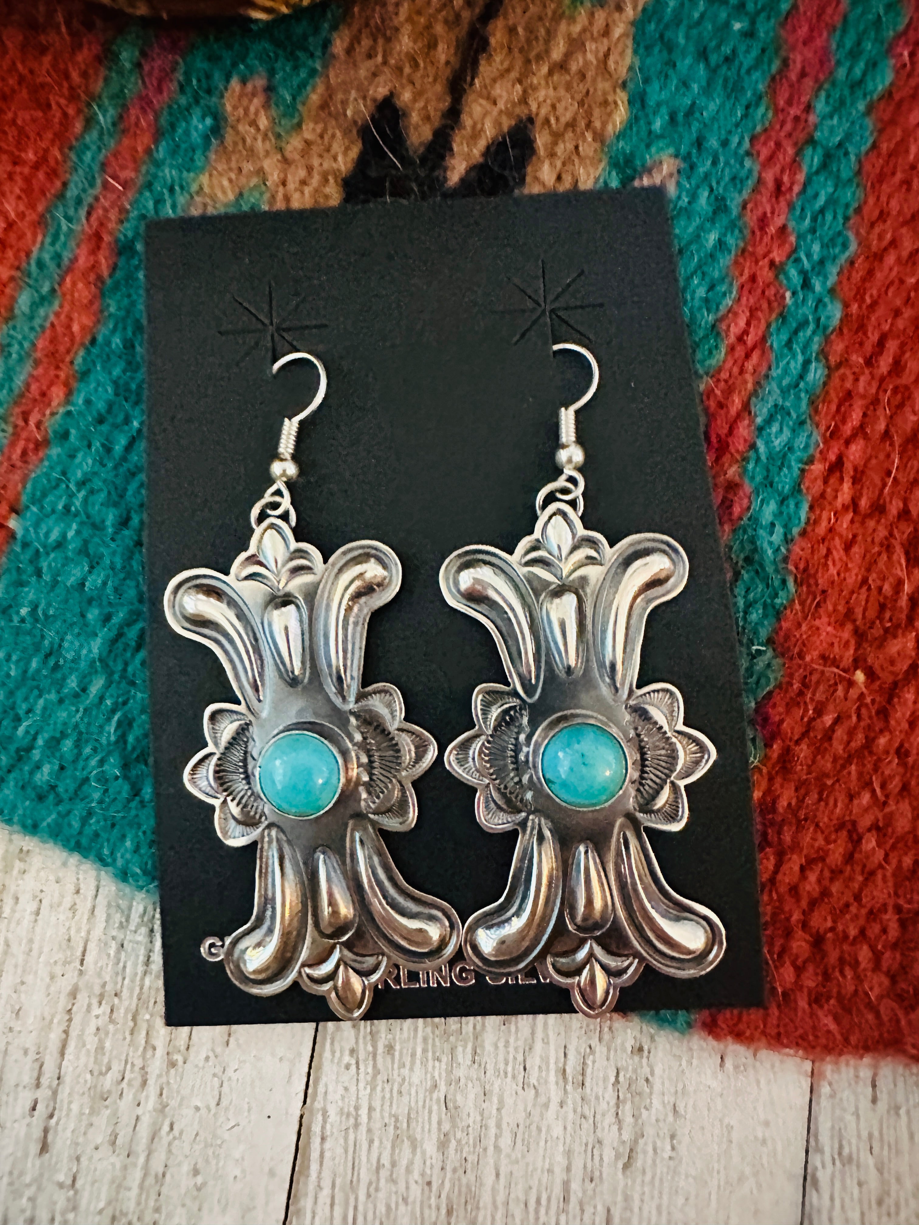 Navajo Hand Stamped Sterling Silver & Turquoise Concho Dangle Earrings