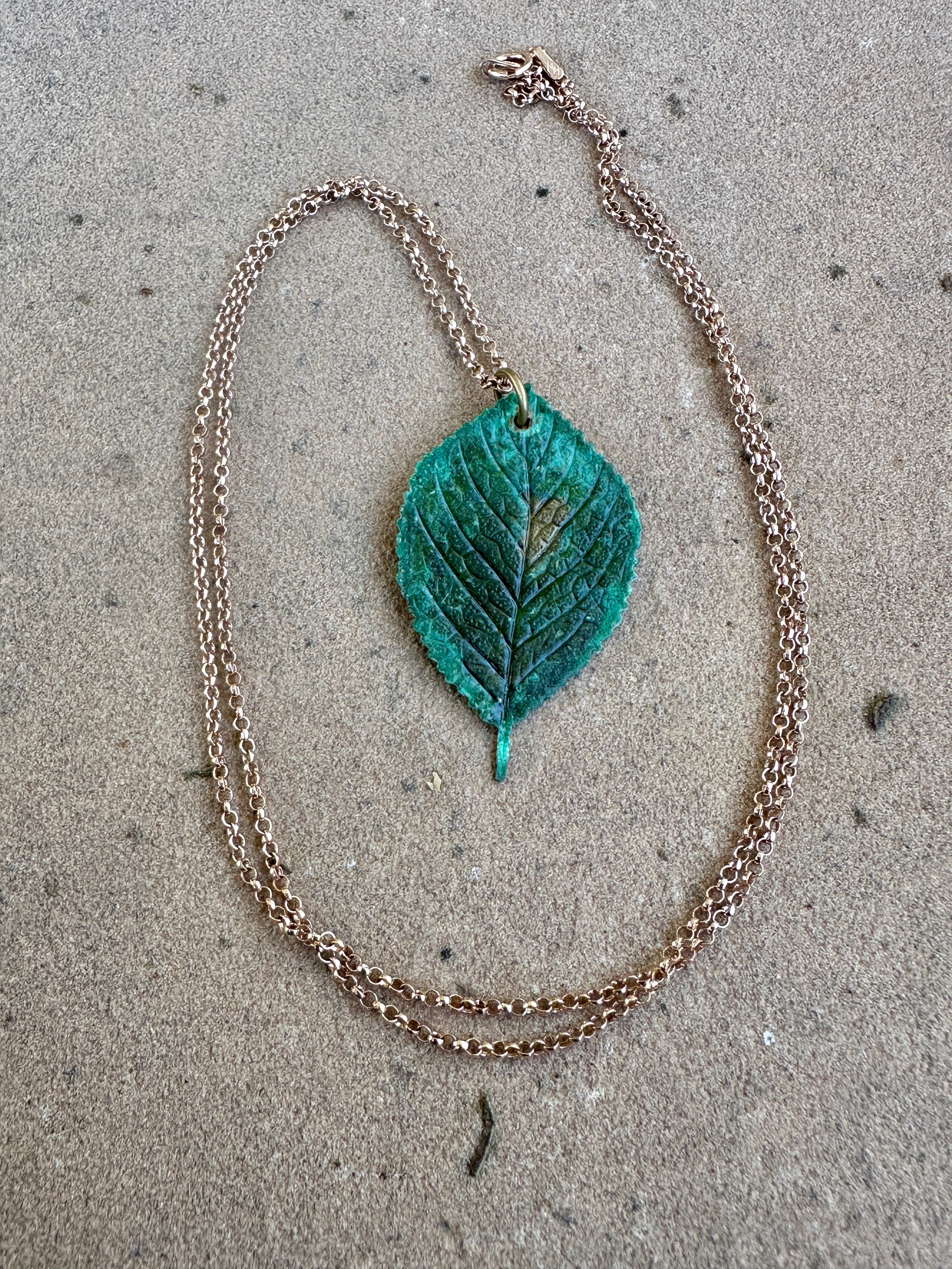 Rose Gold, brass Clock Moldavite leaf pendant 24” necklace