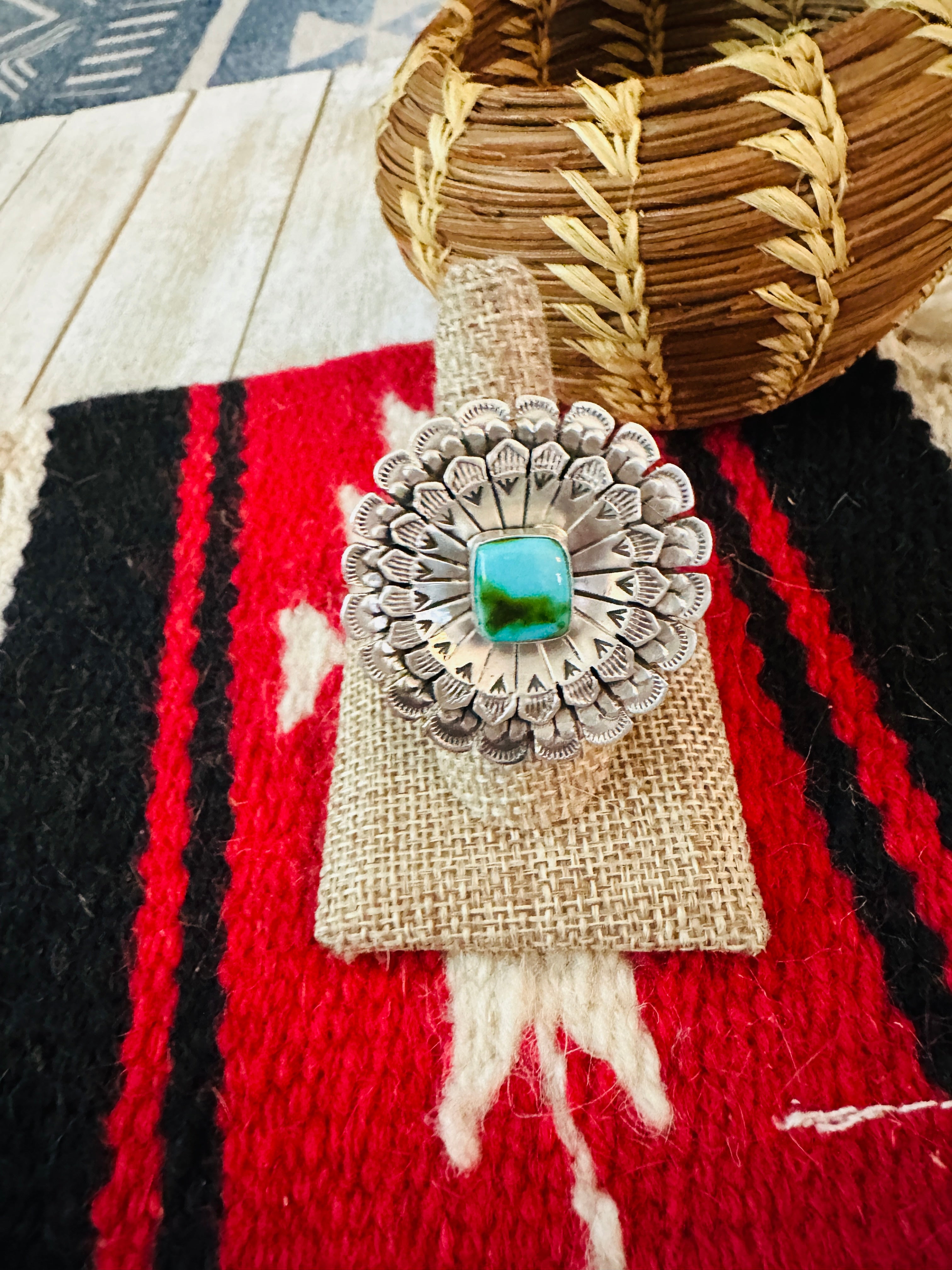 Handcrafted Hand Stamped Sterling Silver &  Turquoise Adjustable Ring by Leroy James