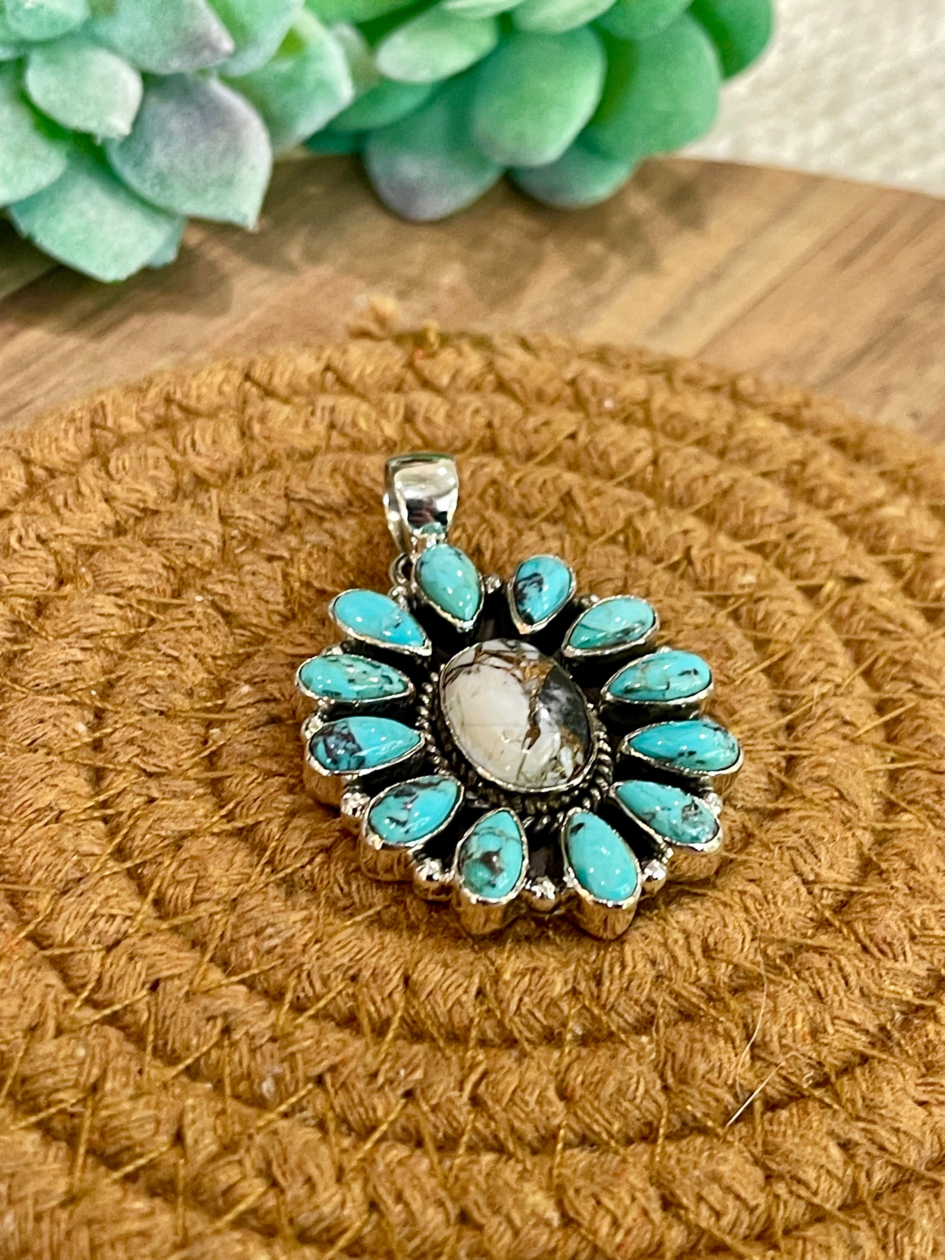 Handmade Sterling Silver,Turquoise &  White Buffalo Mojave Cluster Pendant