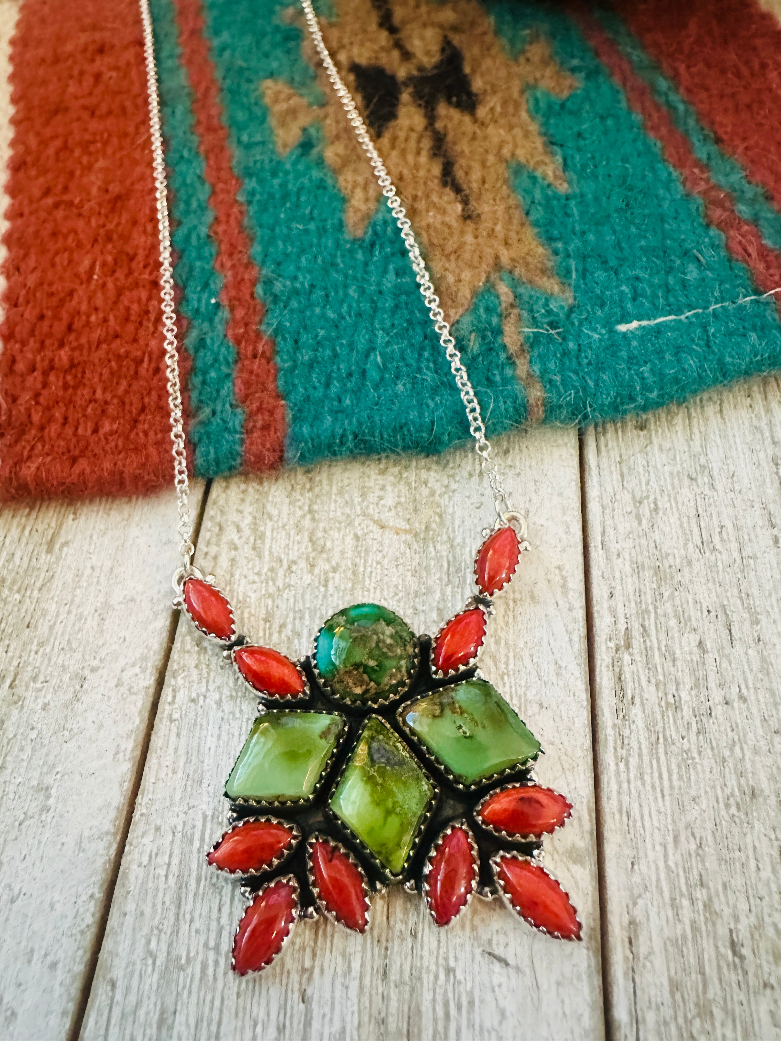 ** Christmas Collection ** Handmade Sterling Silver, Turquoise & Coral Necklace Signed Nizhoni