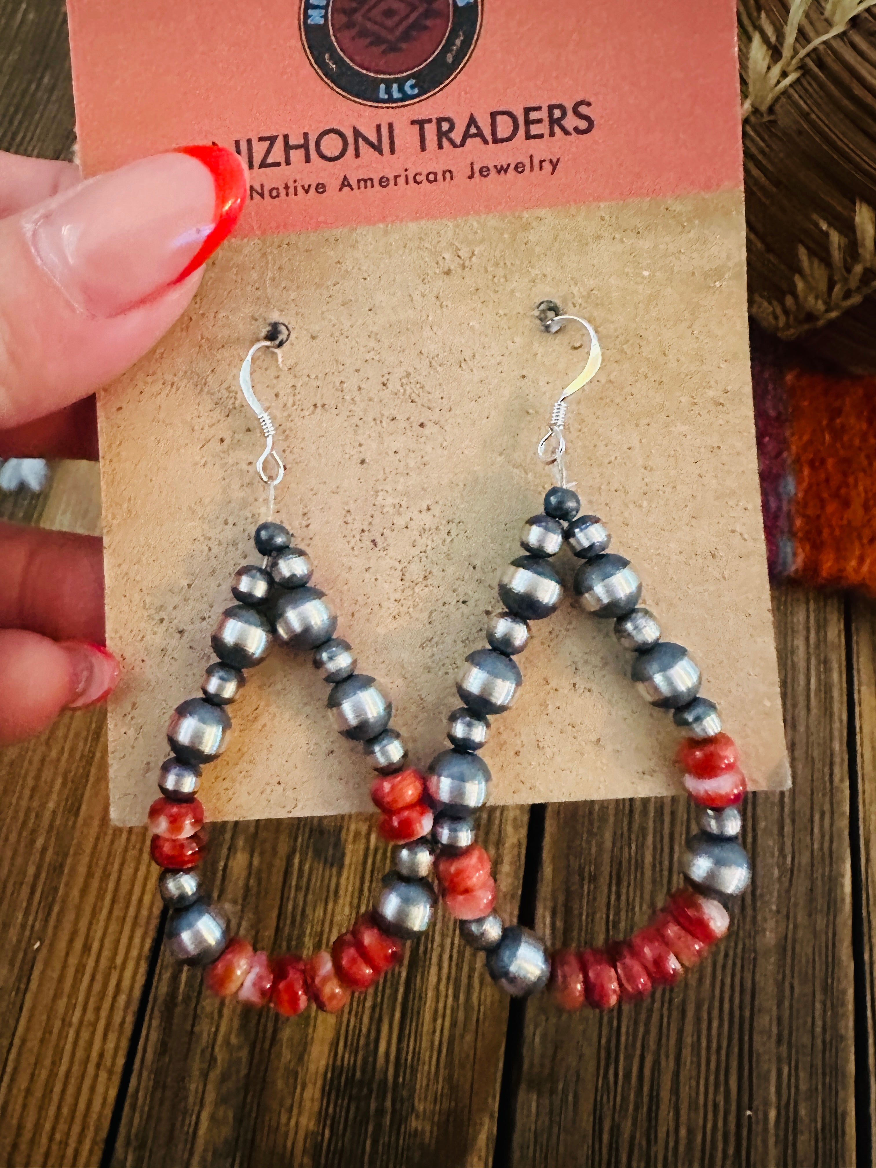 Handcrafted Spiny Oyster & Sterling Silver Beaded Dangle Hoop Earrings