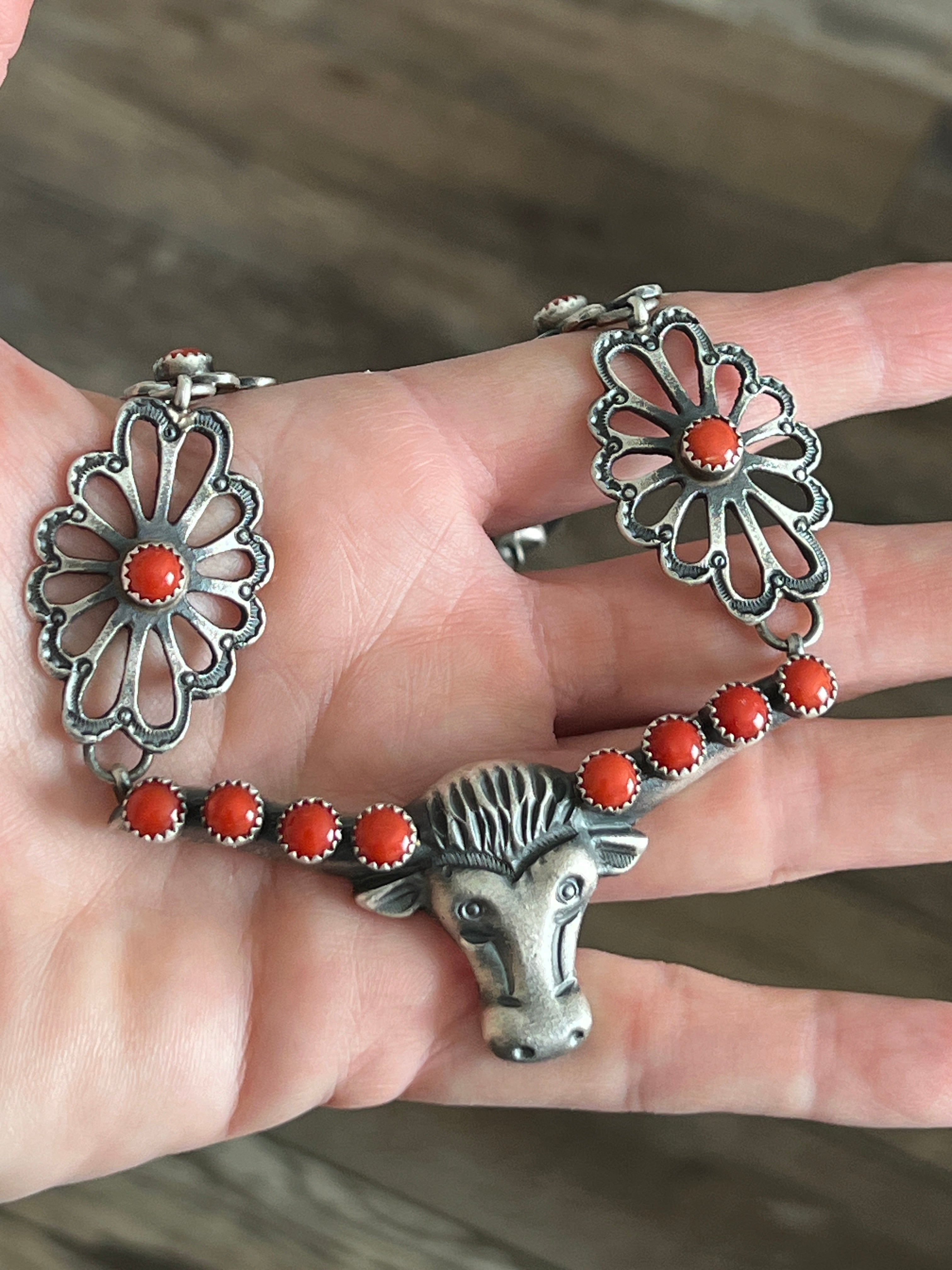 Handcrafted Sterling Silver and Mediterranean Coral Steer Head Concho Necklace & Earrings by Kevin Billah