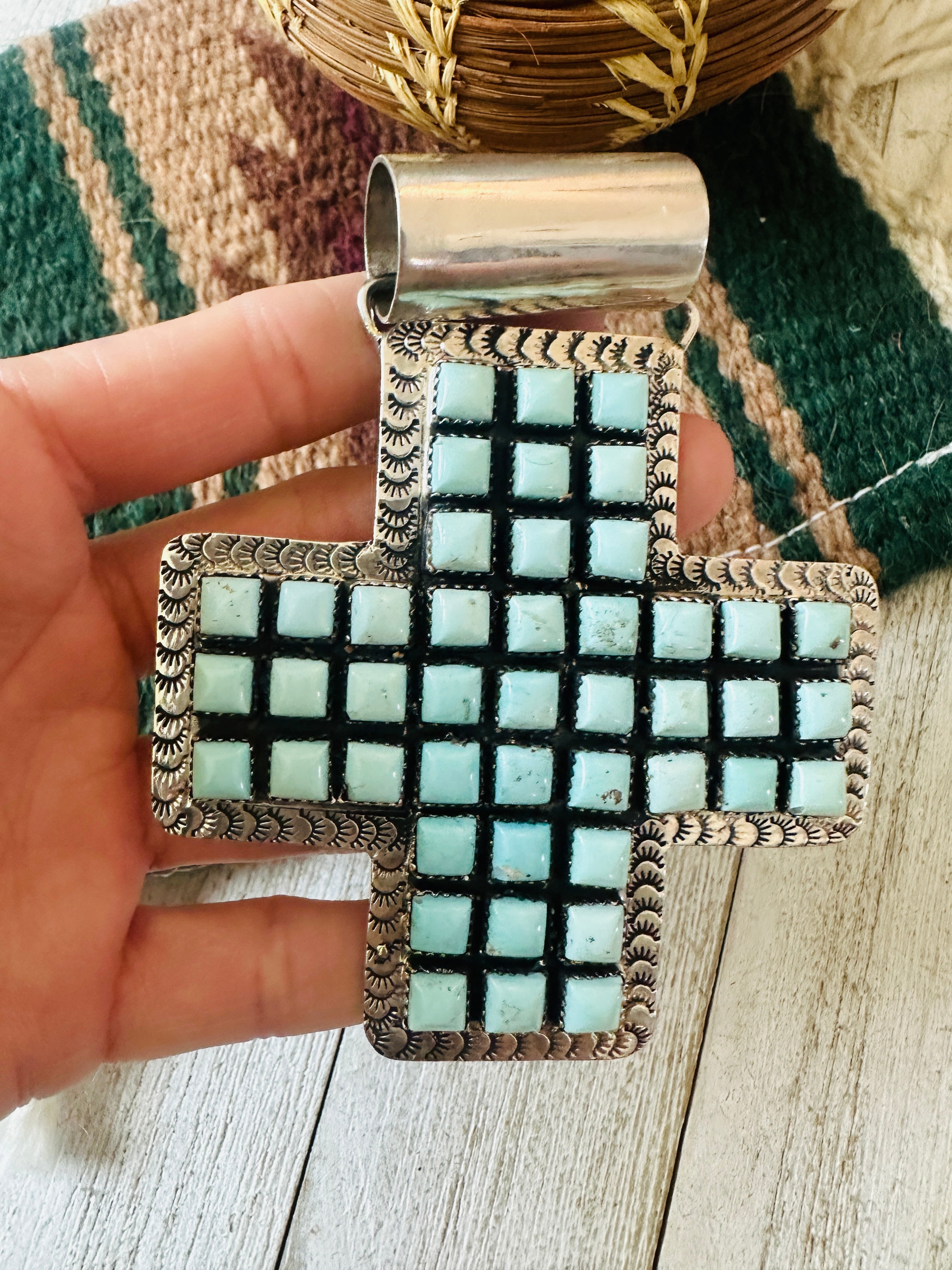 Navajo Sterling Silver & Dry Creek Turquoise Cross Pendant by Marcella James