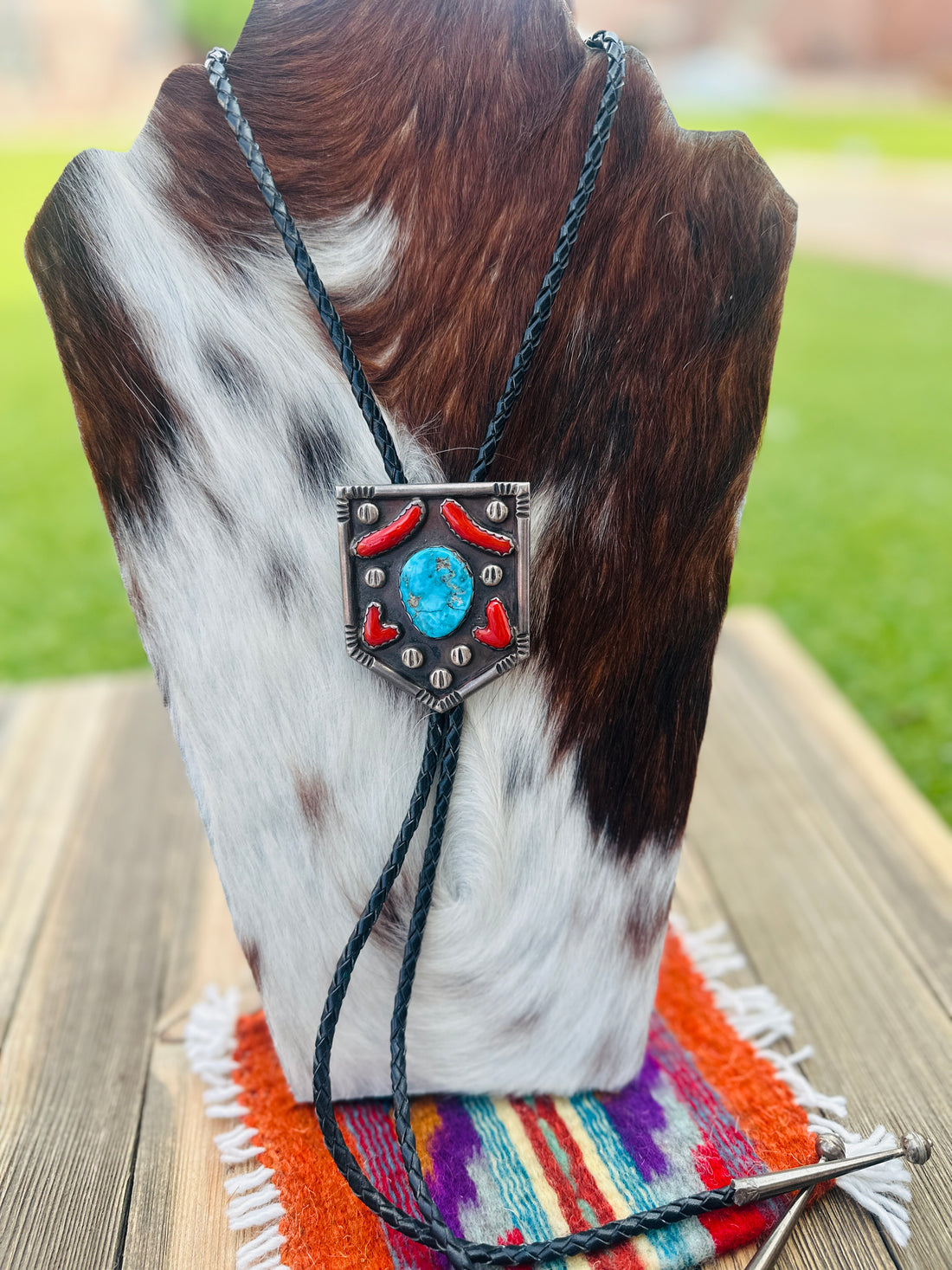 Handcrafted Vintage Old Pawn Sterling Silver, Turquoise & Coral Bolo Tie
