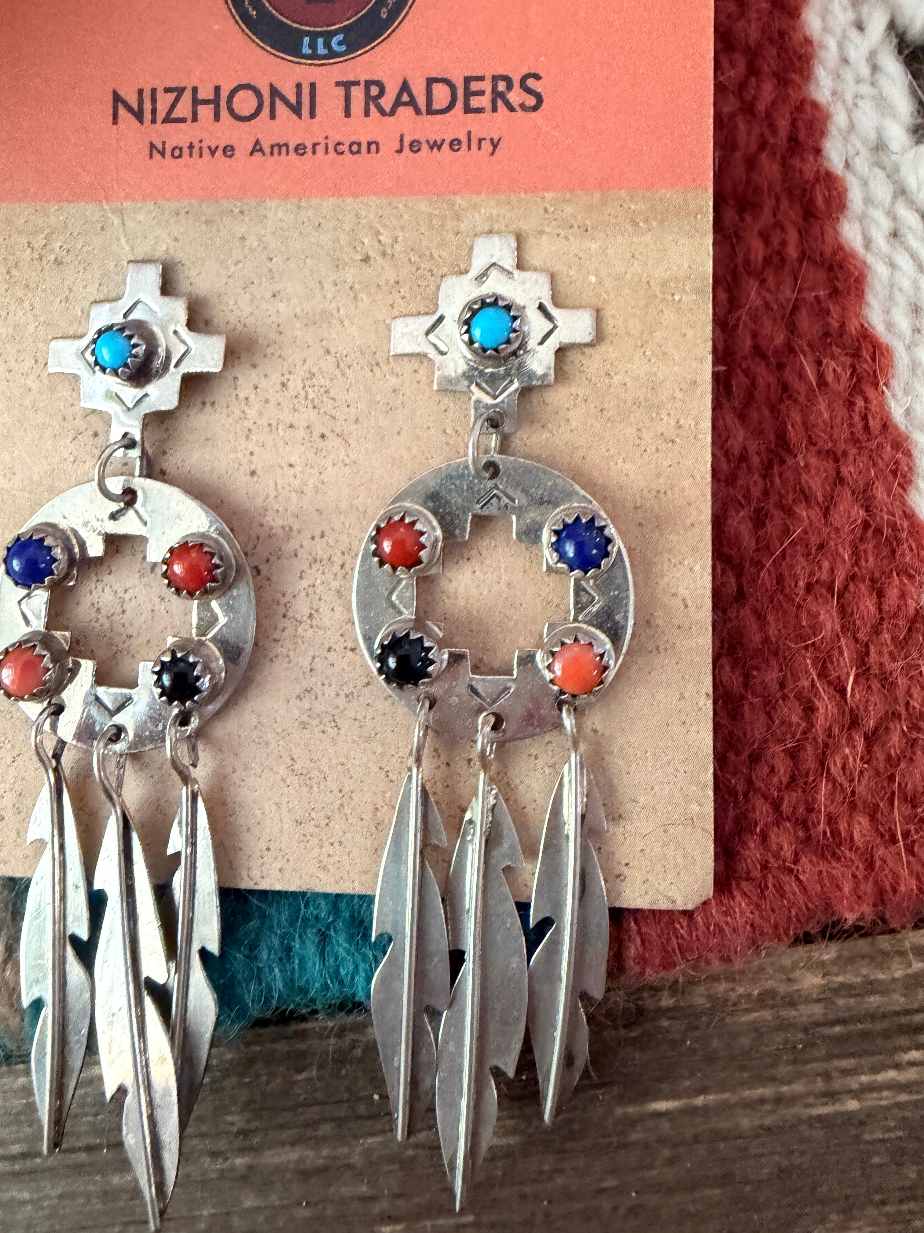 Old Pawn Handcrafted Sterling Silver & Multi Stone Feather Dangle Earrings
