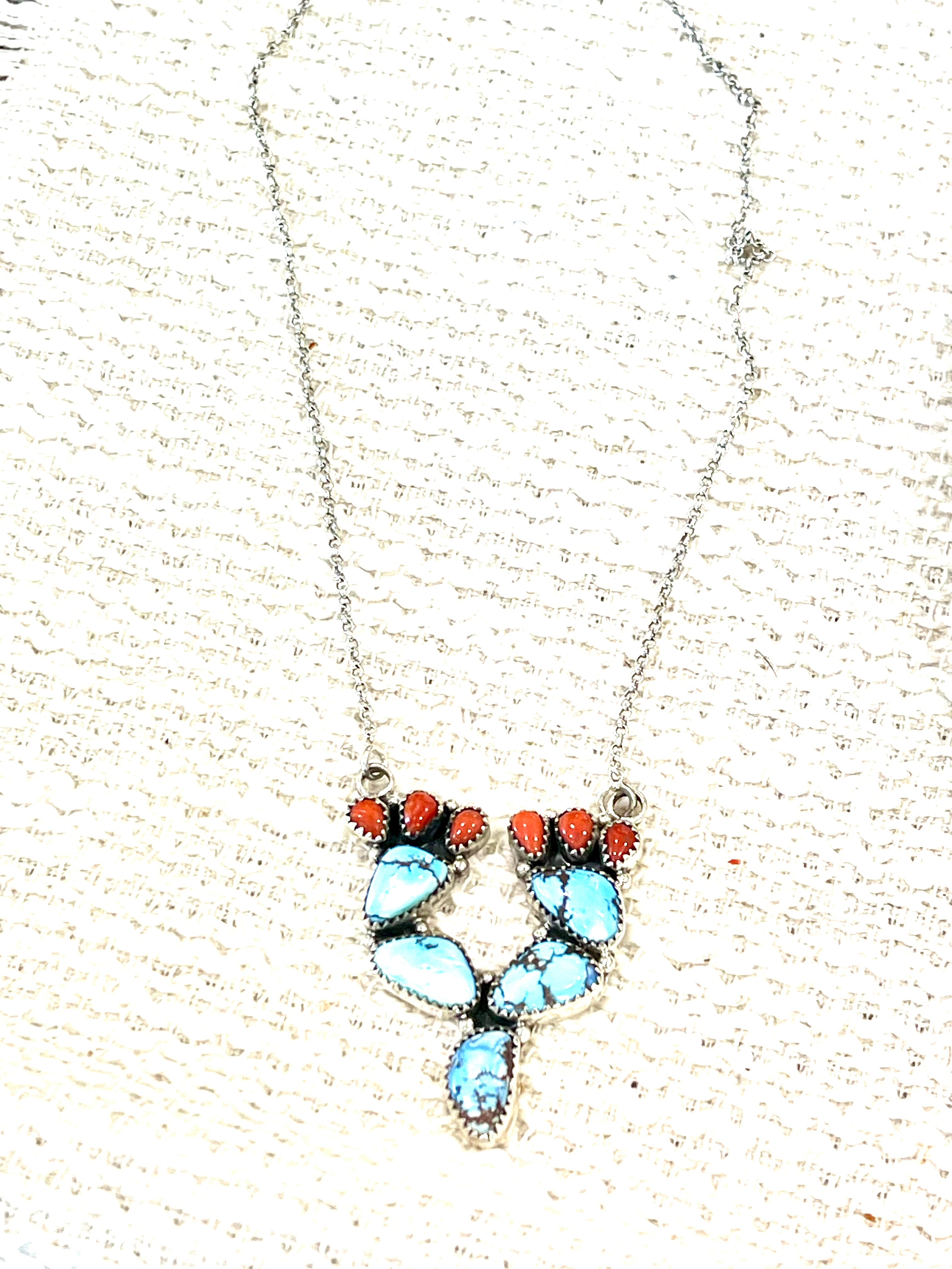 Handmade Sterling Silver, Golden Hills Turquoise & Coral Necklace Signed Nizhoni