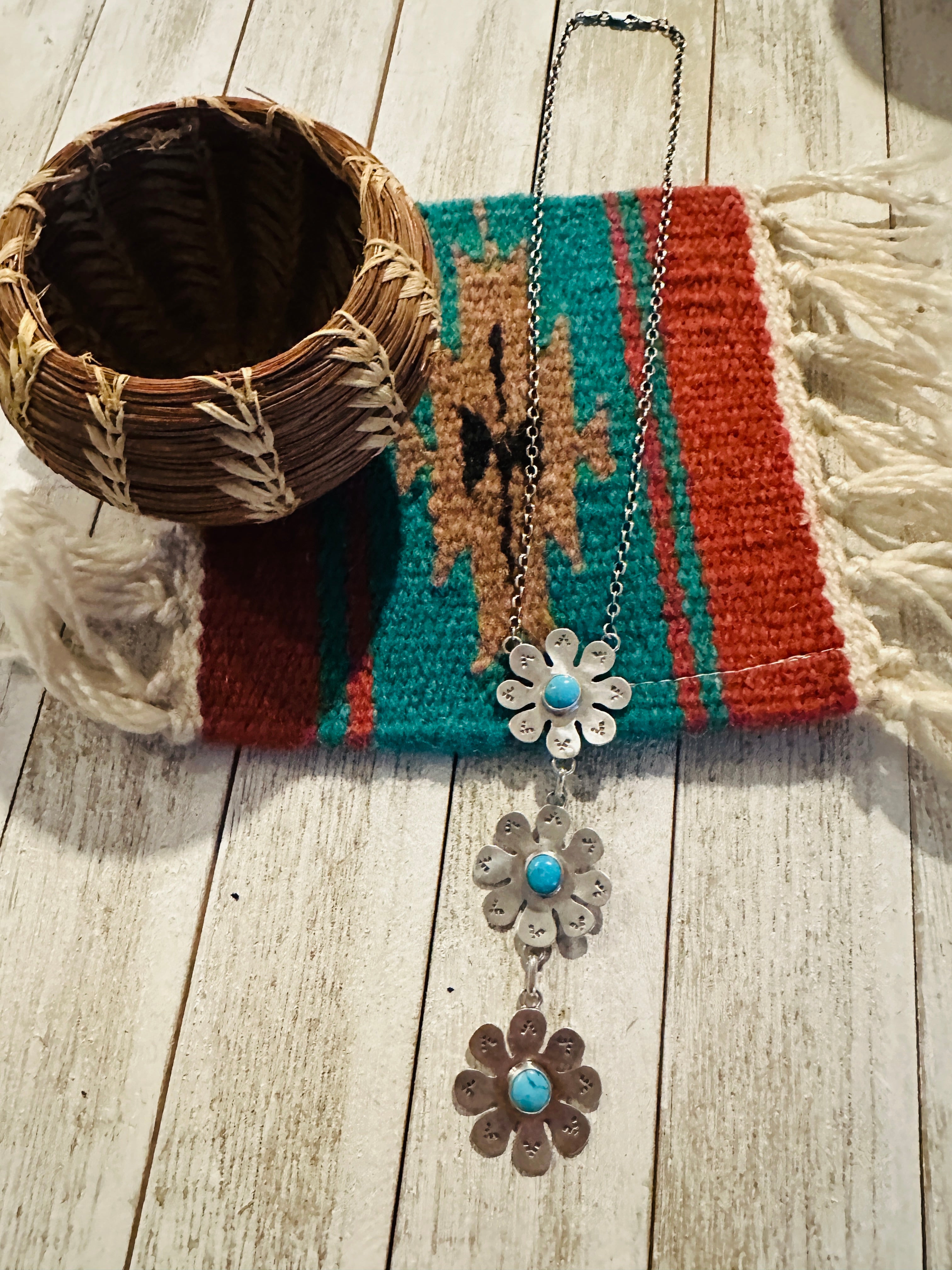 Navajo Sterling Silver & Turquoise Flower Lariat Necklace