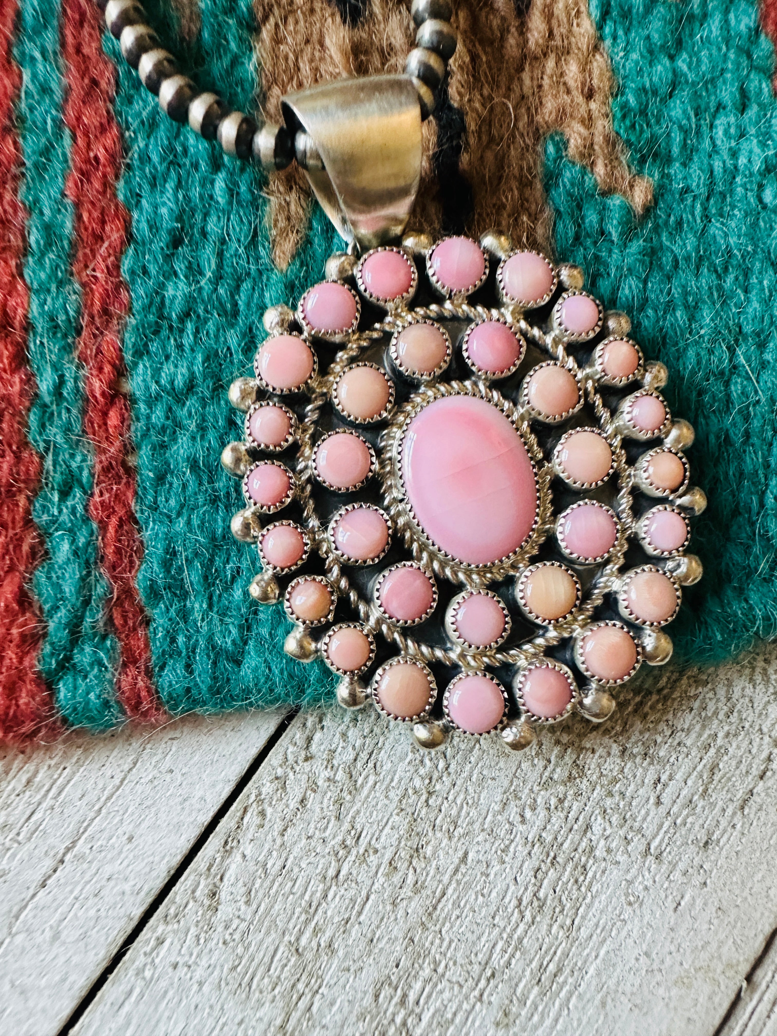 Navajo Queen Pink Conch Shell & Sterling Silver Cluster Pendant