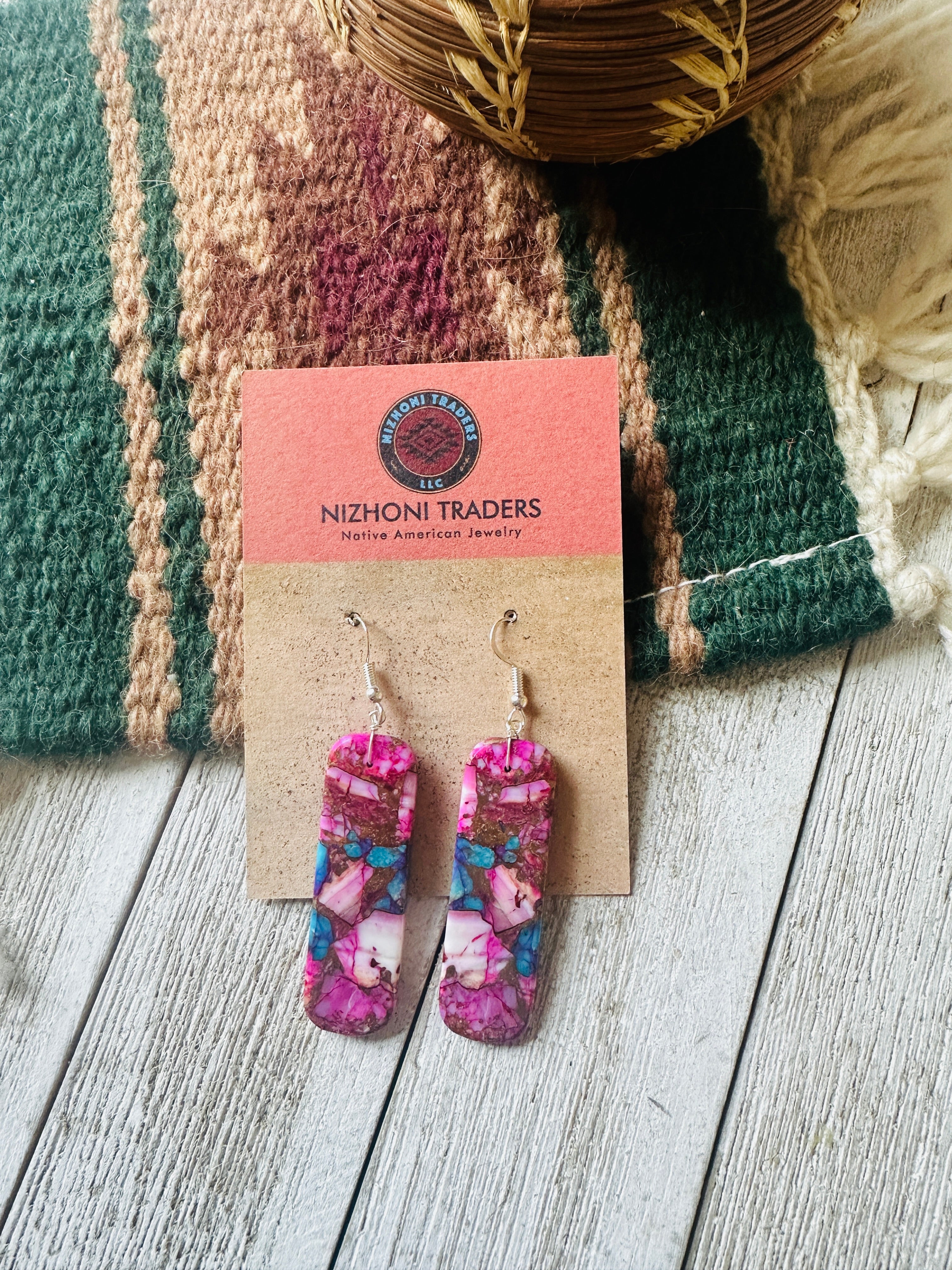 Navajo Sterling Silver & Pink Dream Mojave Slab Dangle Earrings