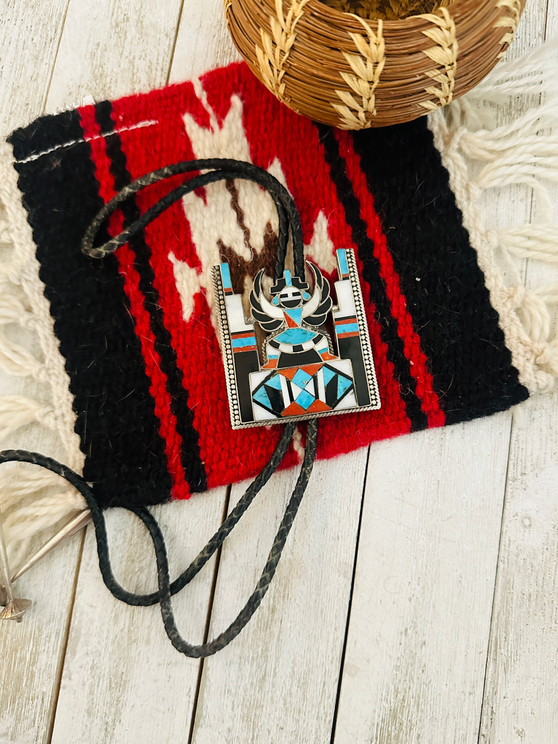 Vintage Old Pawn Handcrafted Multi Stone & Sterling Silver Inlay Knifewing Bolo Tie