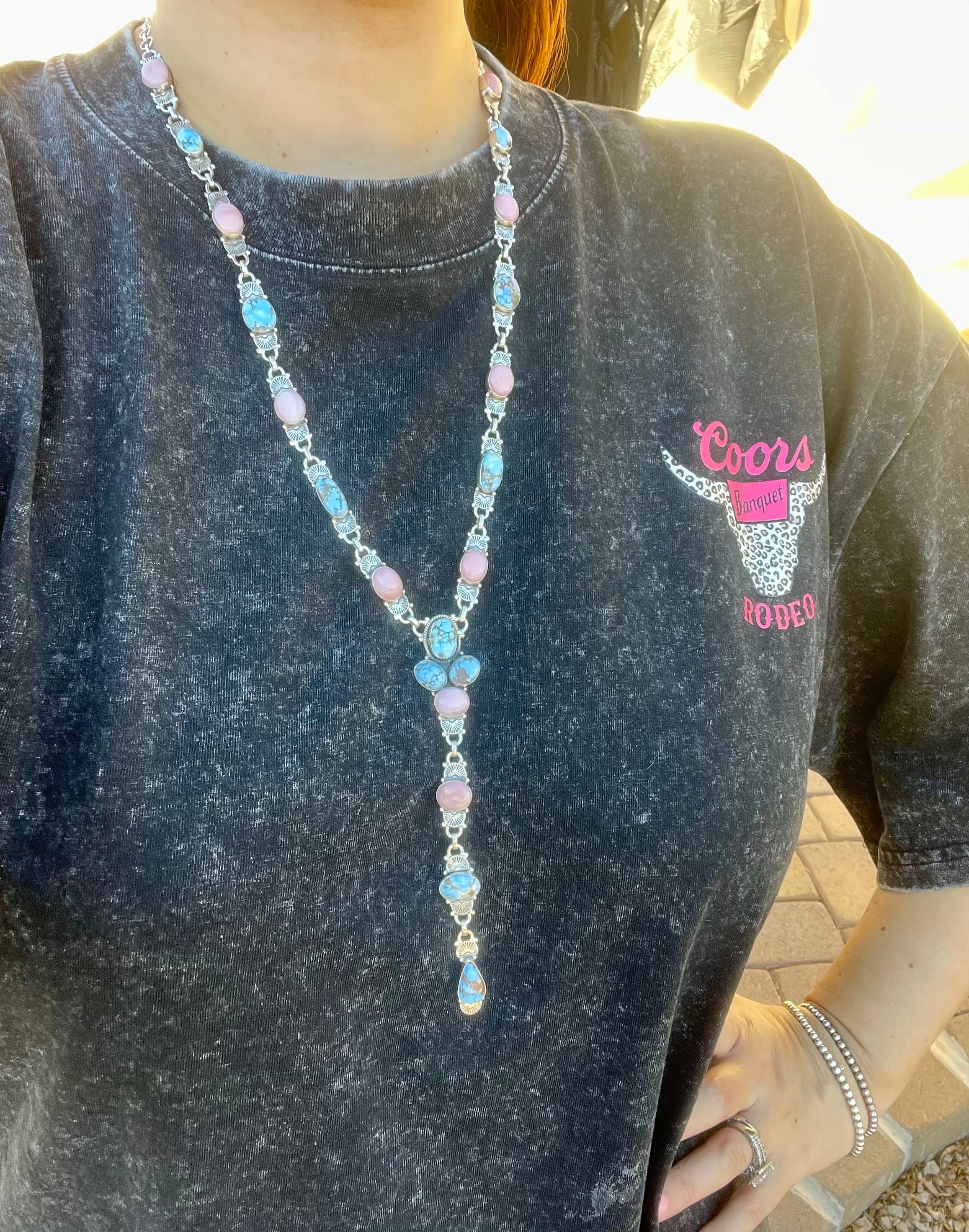 Handmade Sterling Silver, Golden Hills & Pink Conch Lariat Necklace