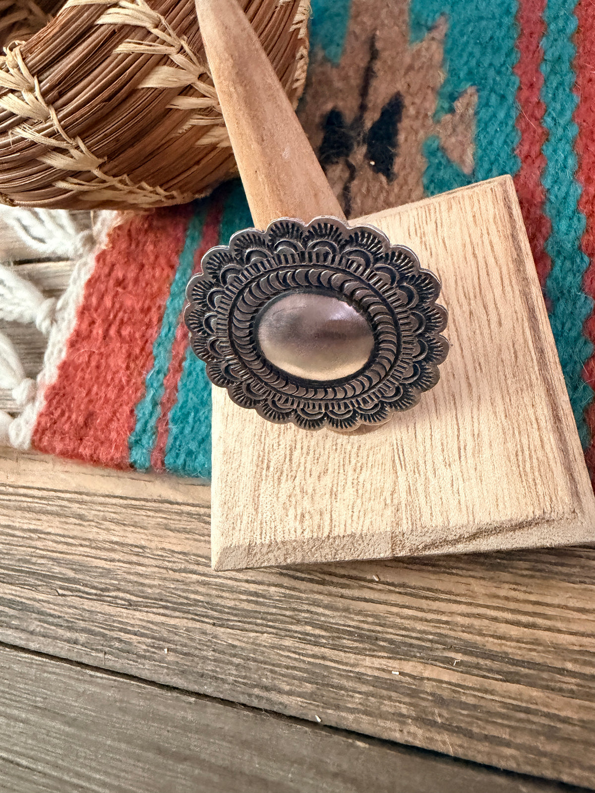 Handcrafted Sterling Silver Adjustable Concho Ring by Leander Tahe