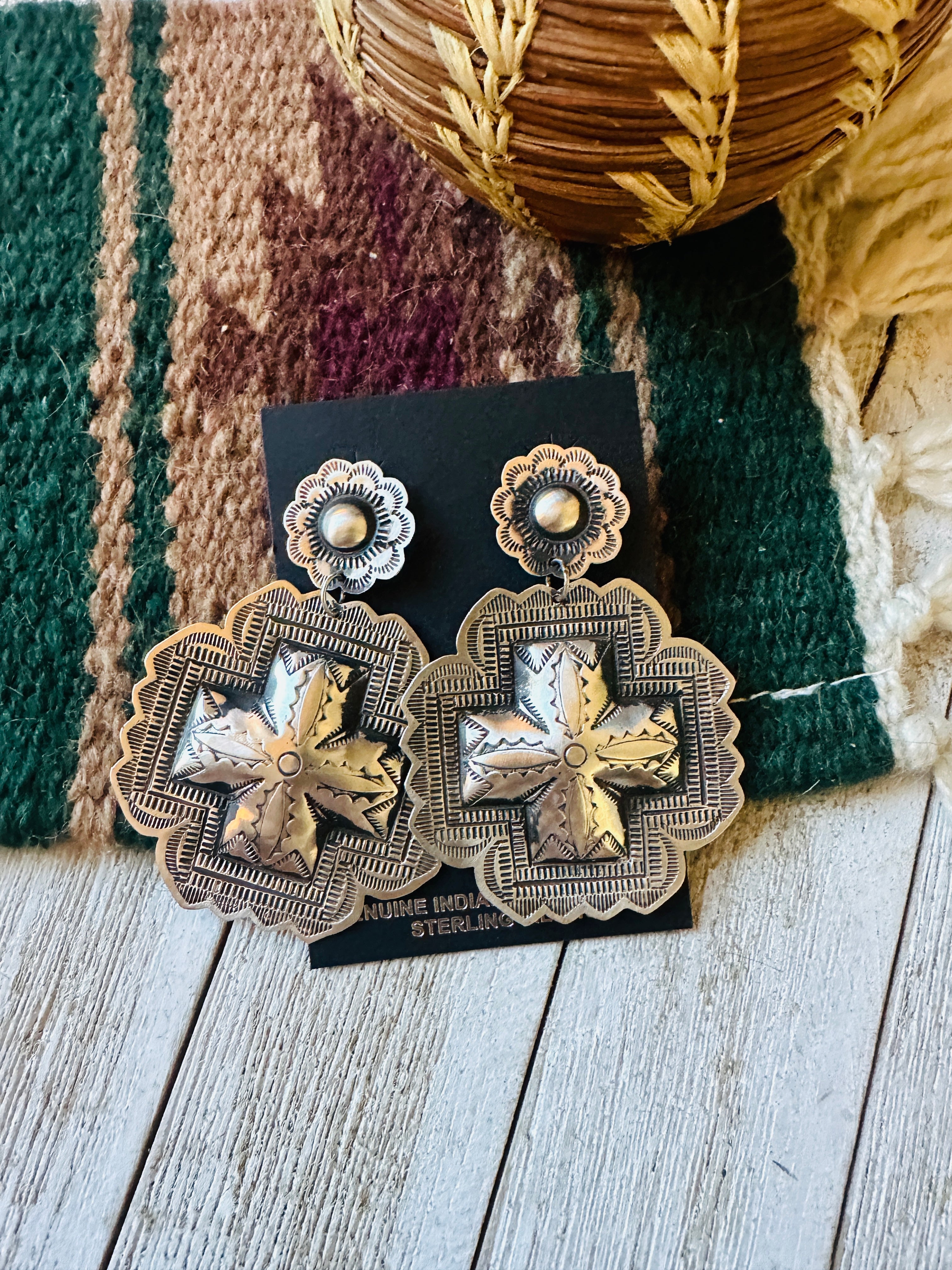 Navajo Hand Stamped Sterling Silver Concho Cross Dangle Earrings by Leander Tahe