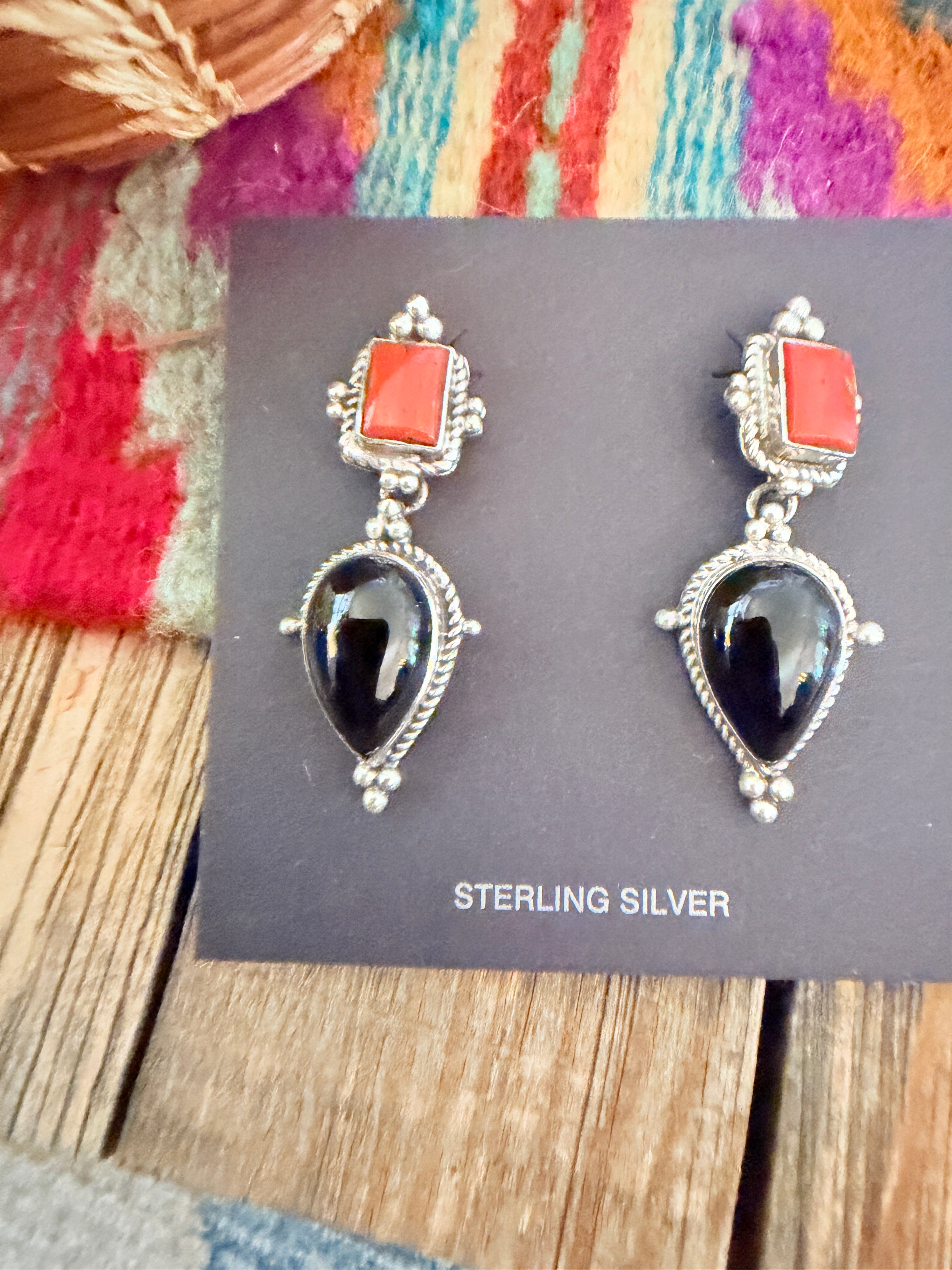 Handcrafted Onyx, Coral & Sterling Silver Dangle Earrings
