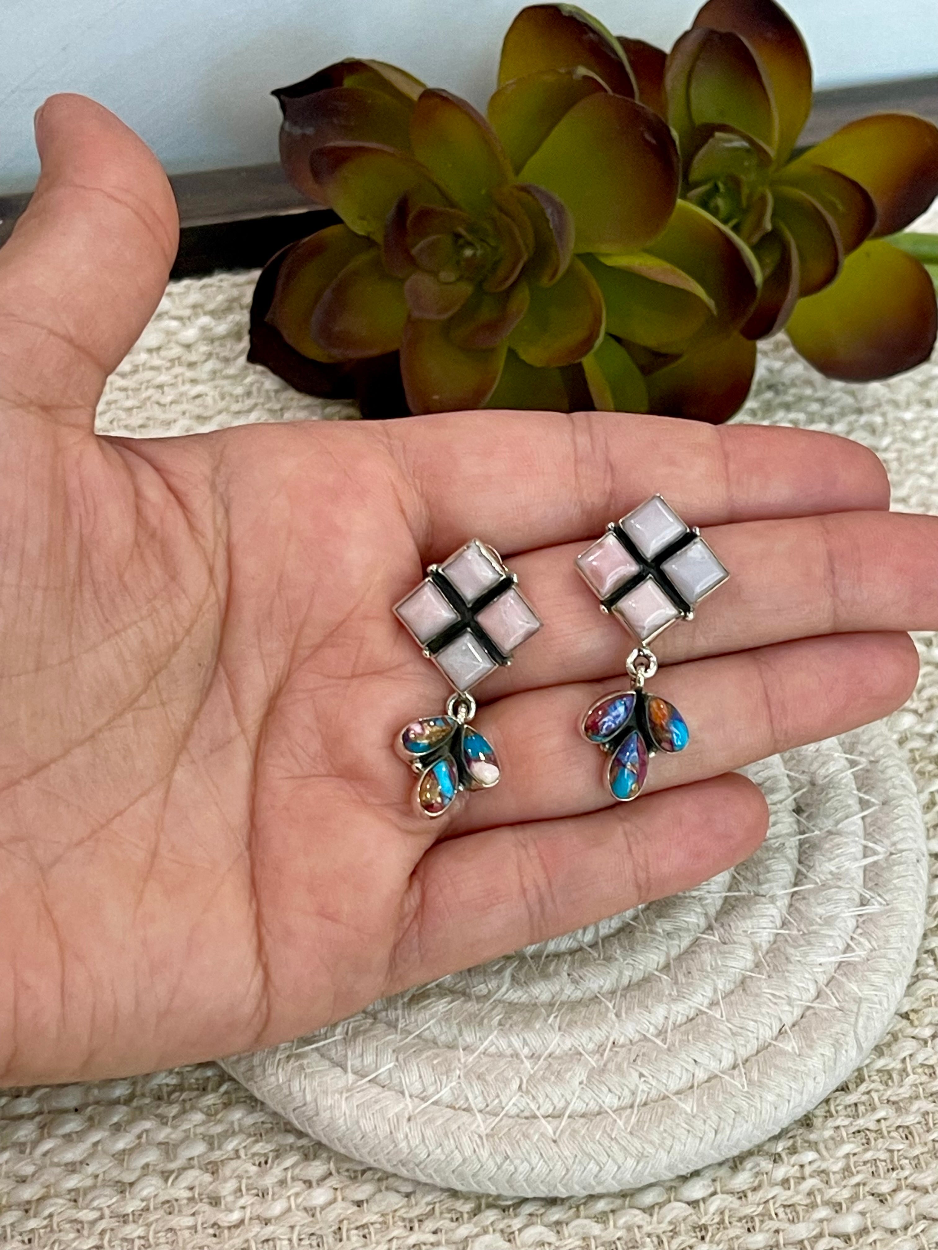 Handmade Purple Dream Mojave , Sterling Silver & Pink Opal Post Dangles