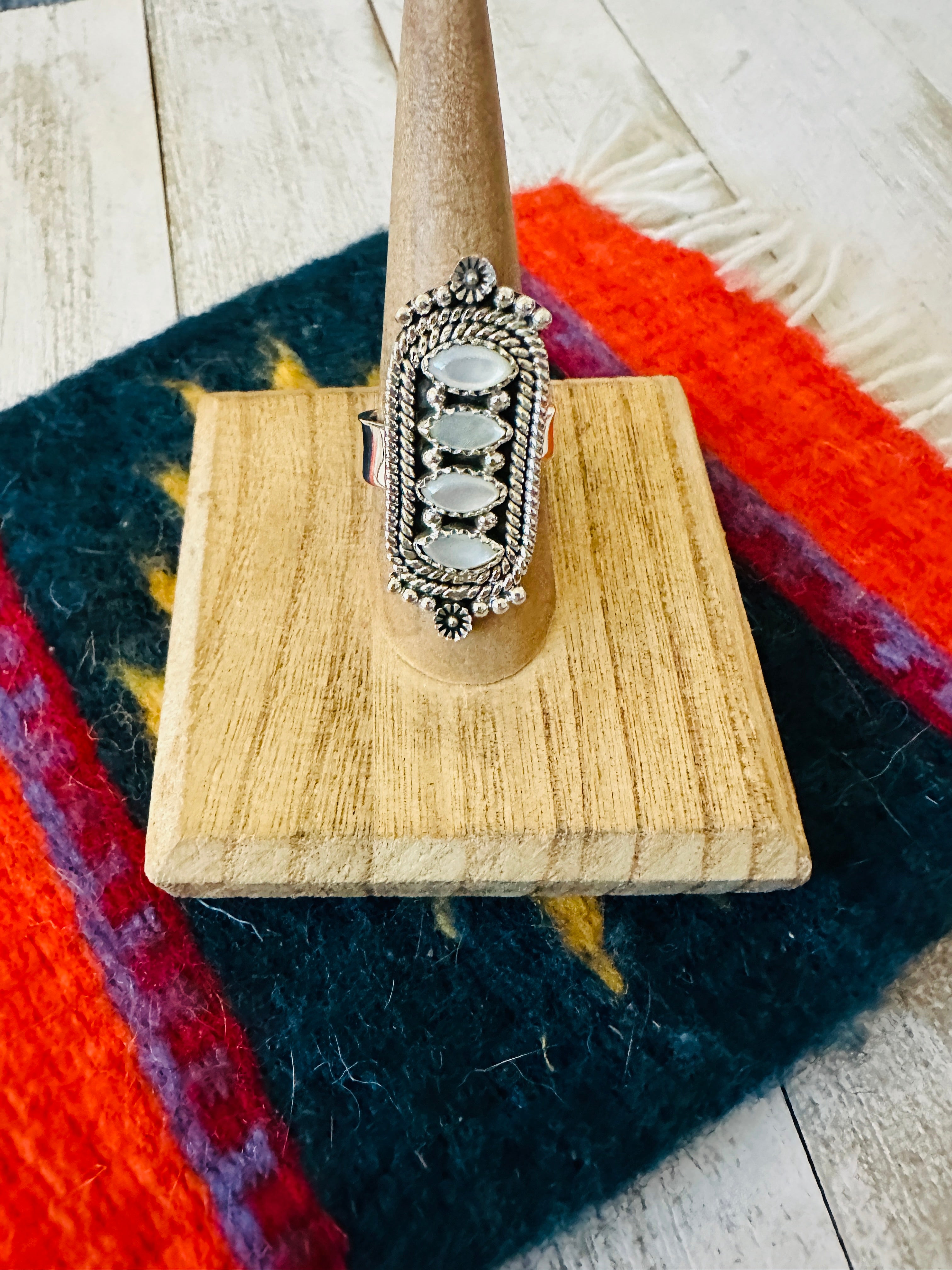 Handmade Sterling Silver & Mother of Pearl Cluster Adjustable Ring by Nizhoni