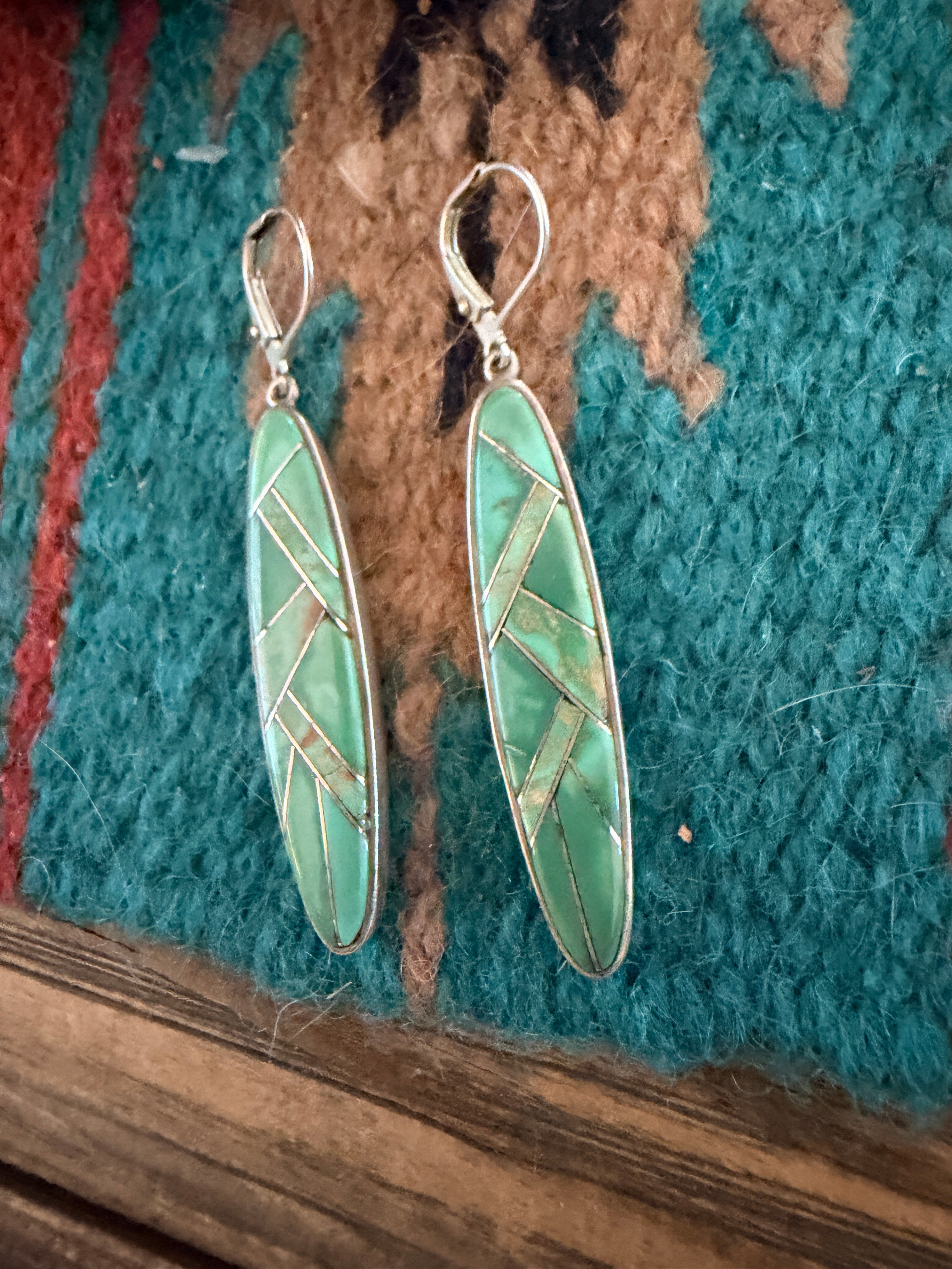 Old Pawn Handcrafted Sterling Silver & Turquoise Inlay Dangle Earrings