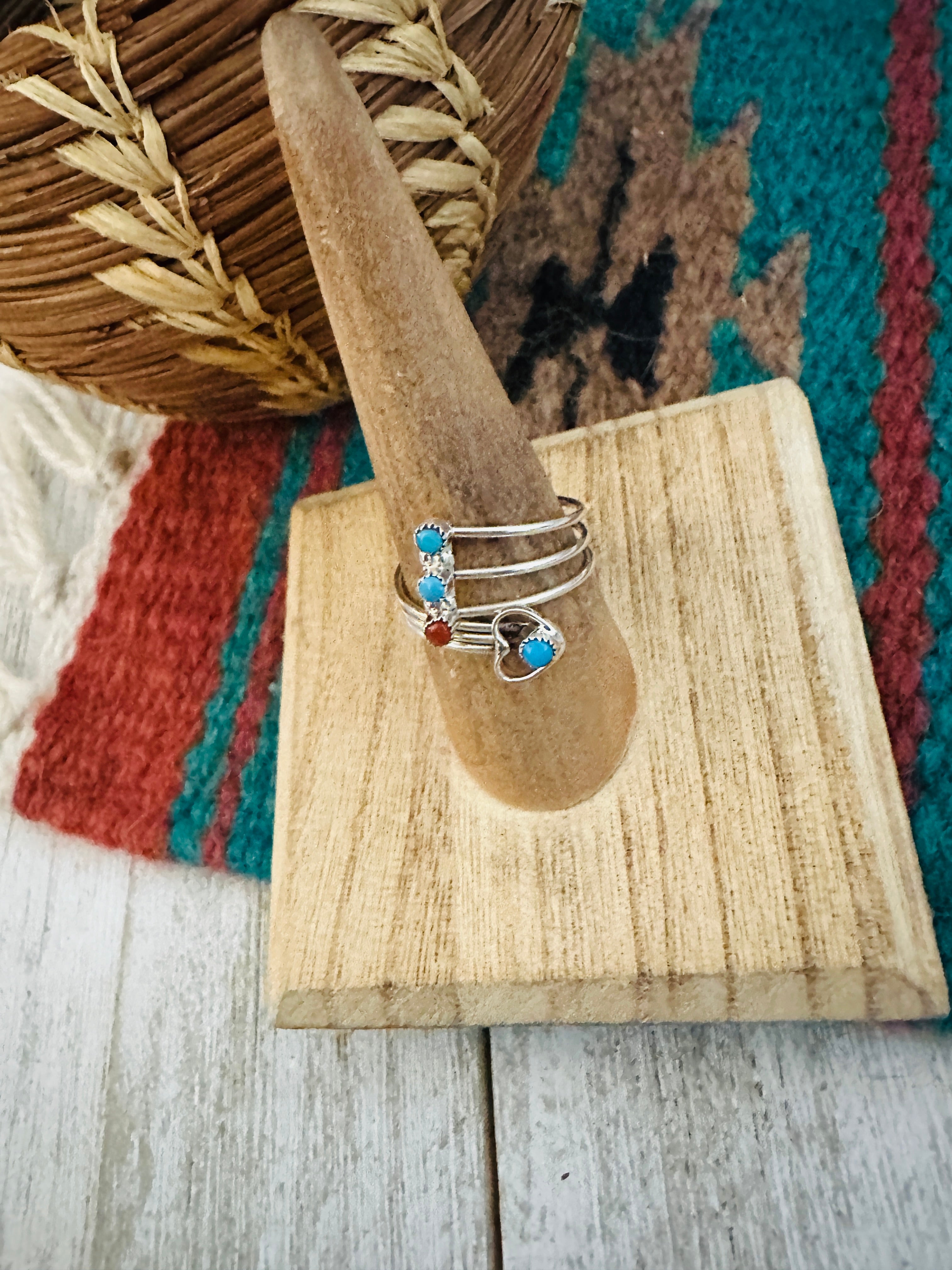 Zuni Turquoise, Coral & Sterling Silver Heart Adjustable Ring