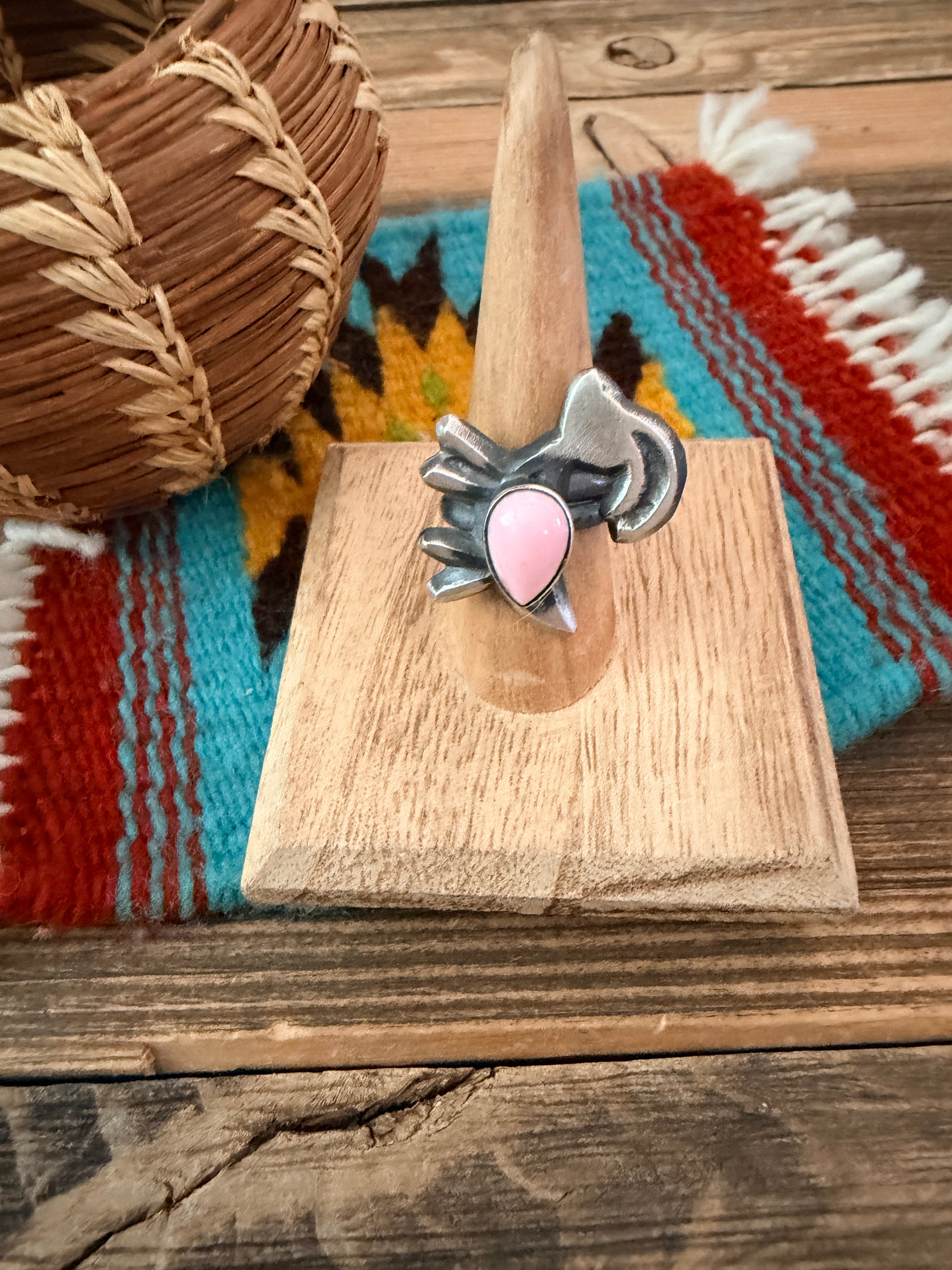 Handcrafted Queen Pink Conch and Sterling Silver Goat Ring size 7.75 by Chimney Butte