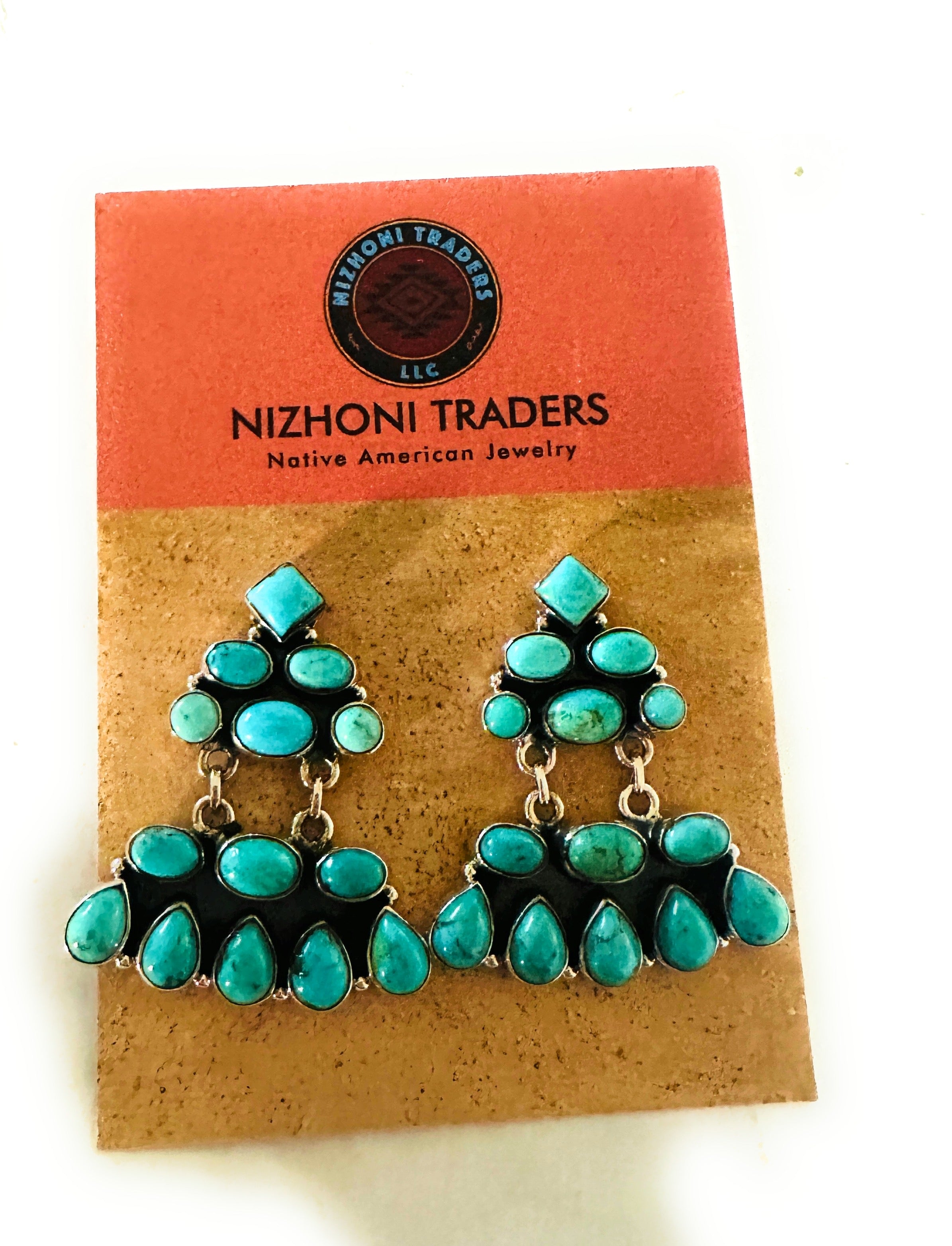 Handmade Turquoise & Sterling Silver Chandelier Dangle Earrings Signed Nizhoni