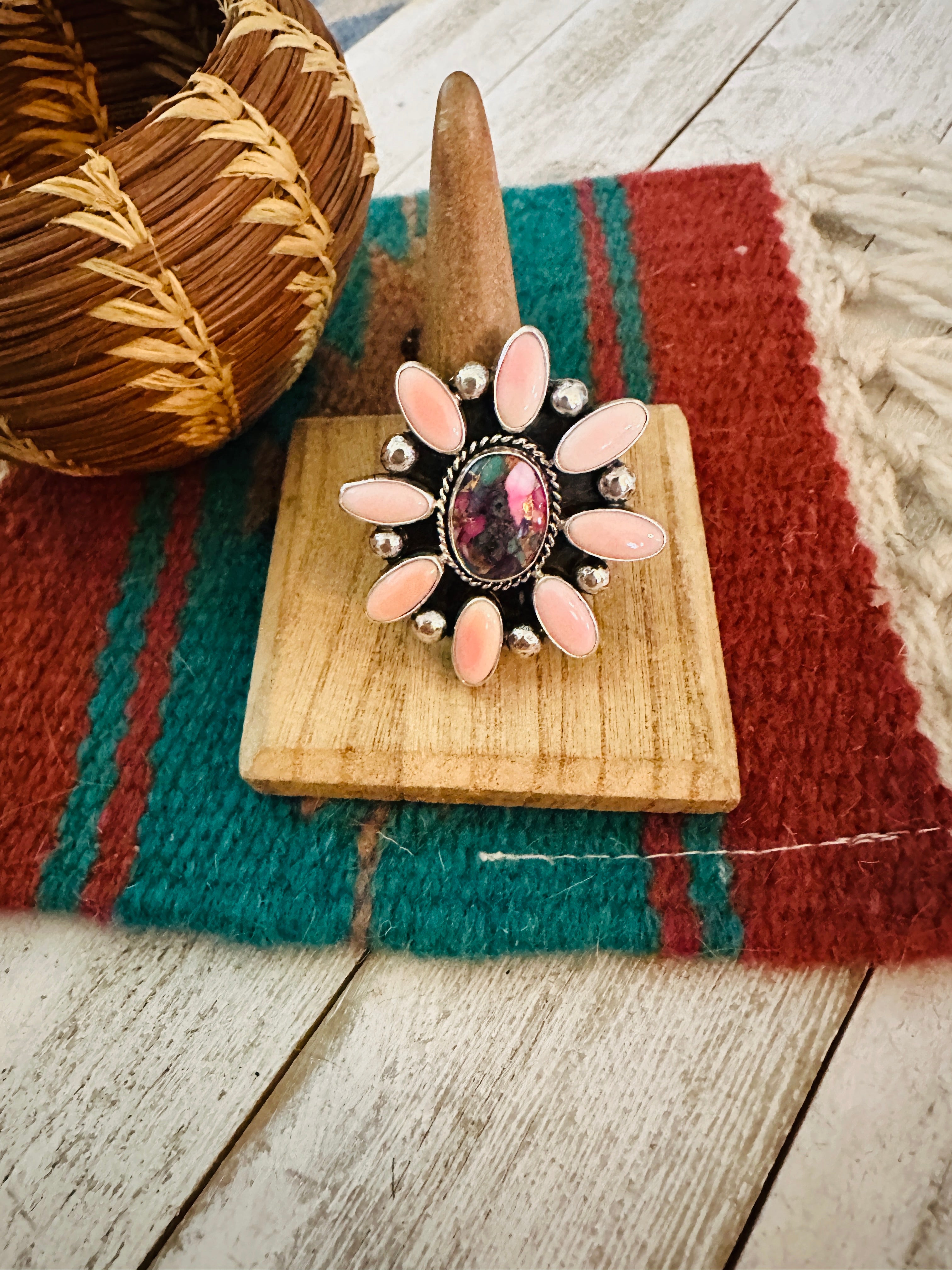 Navajo Sterling Silver, Queen Pink Conch & Pink Dream Cluster Adjustable Ring