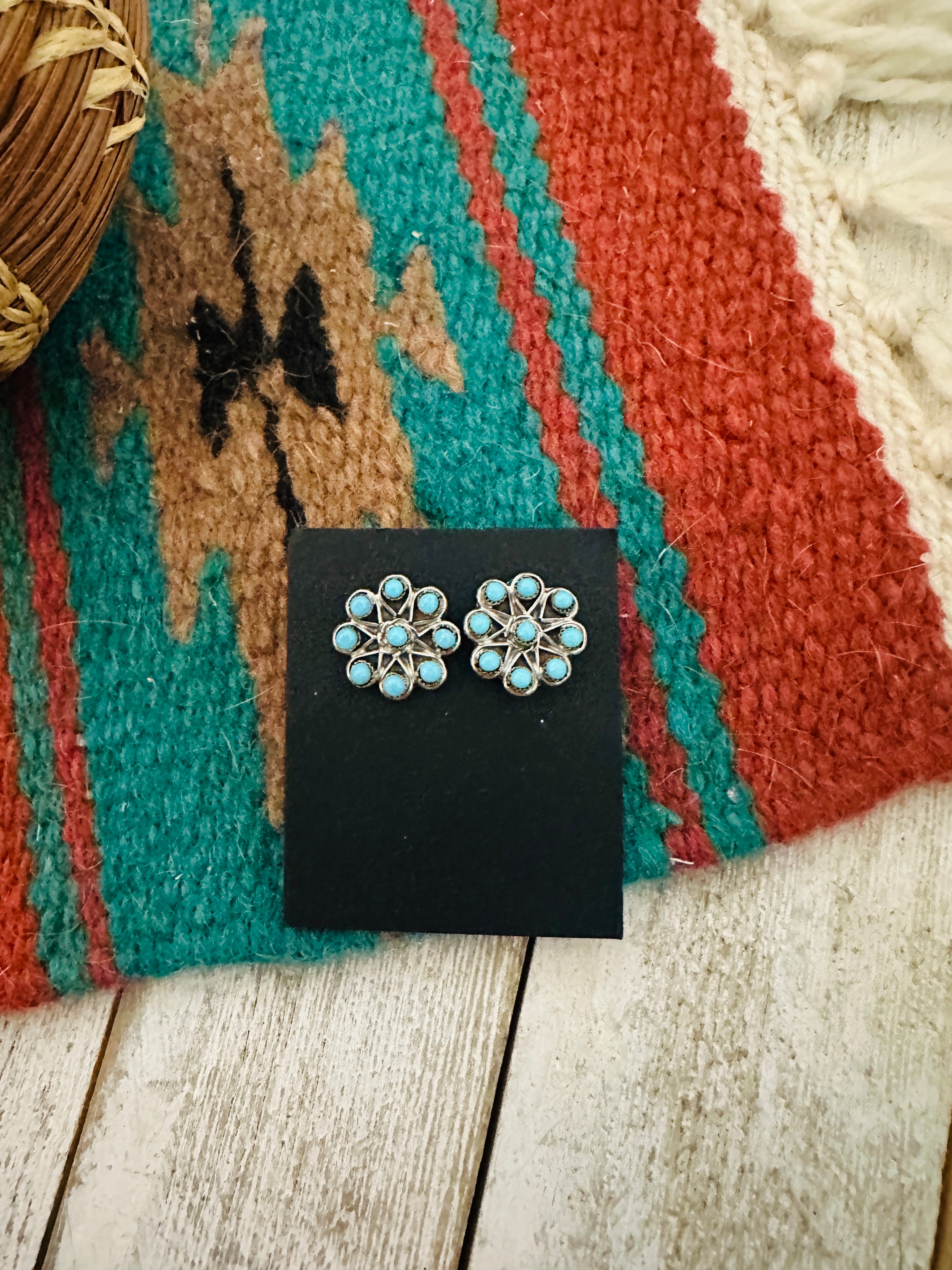 Zuni Turquoise & Sterling Silver Petit Point Stud Earrings