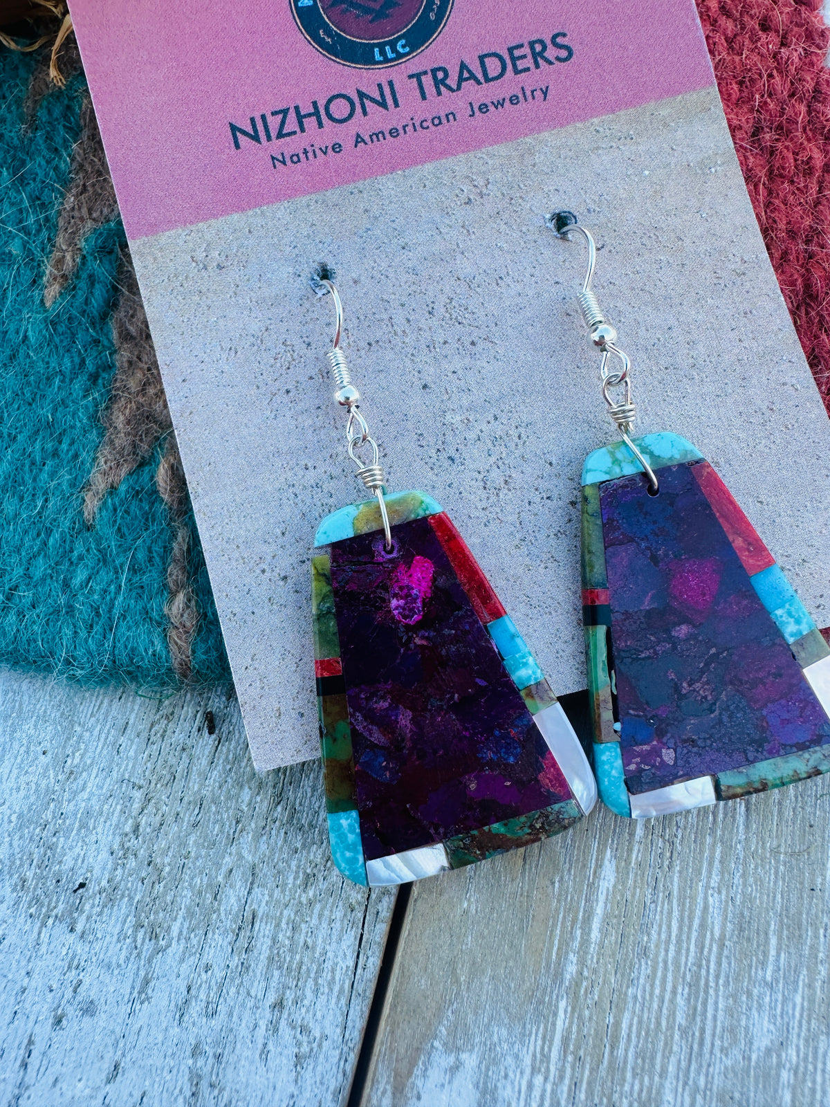 Handcrafted Multi Stone Inlay Dangle Earrings