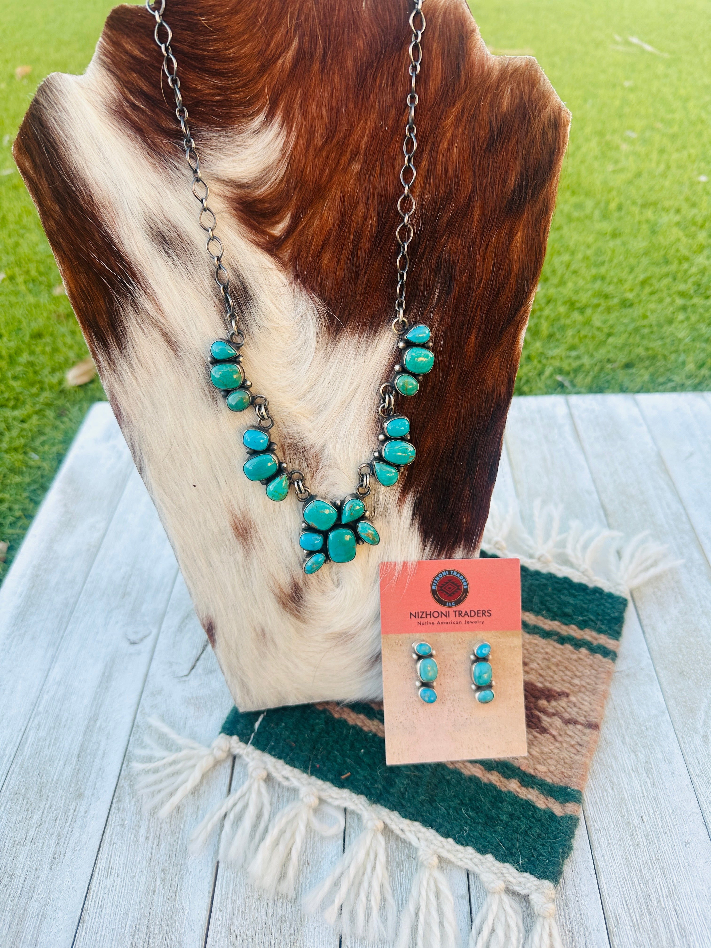 Handcrafted Turquoise & Sterling Silver Necklace and Earring Set by Bea Tom