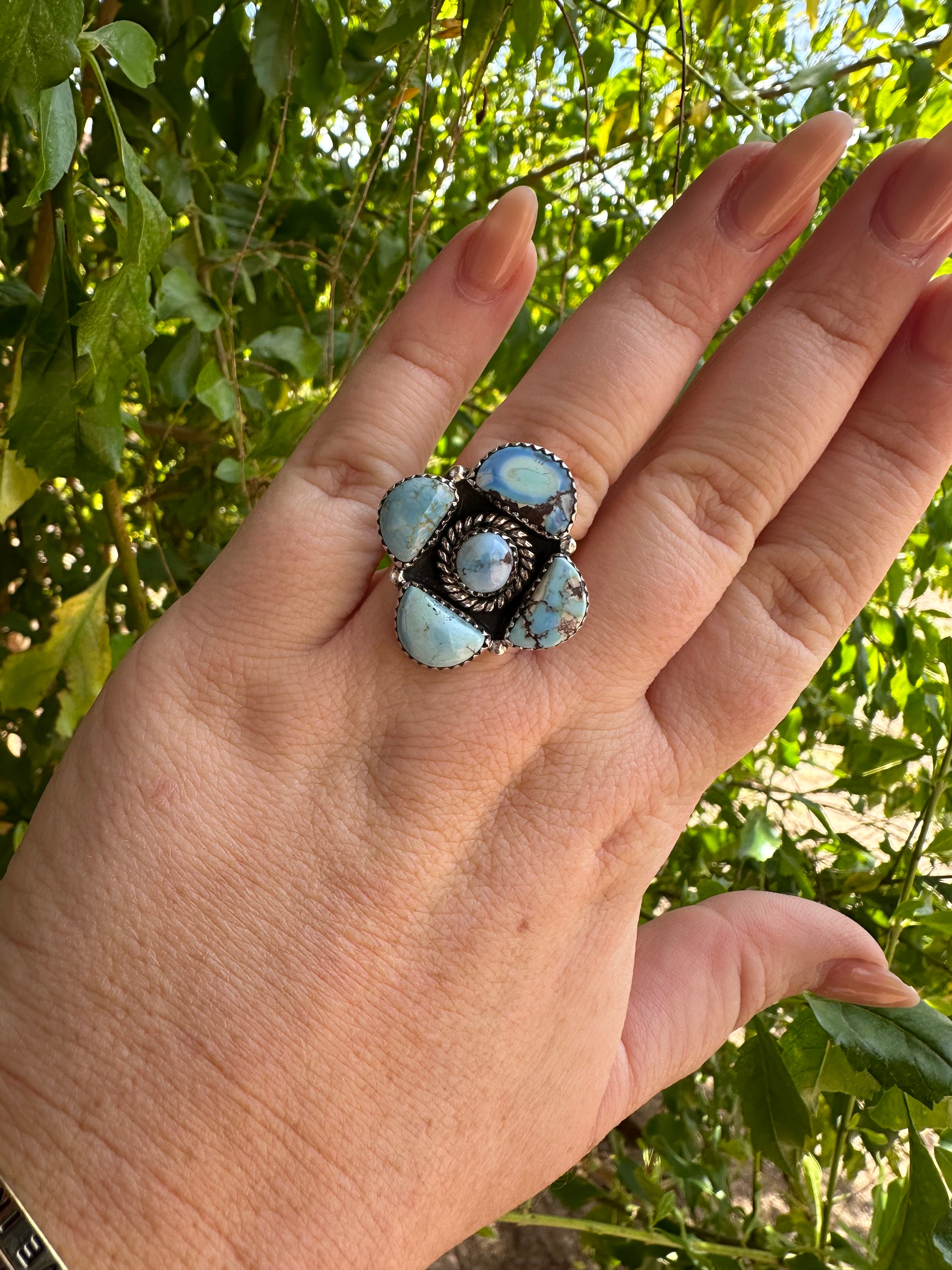 Nizhoni Handmade Golden Hills Turquoise & Sterling Silver Adjustable Ring