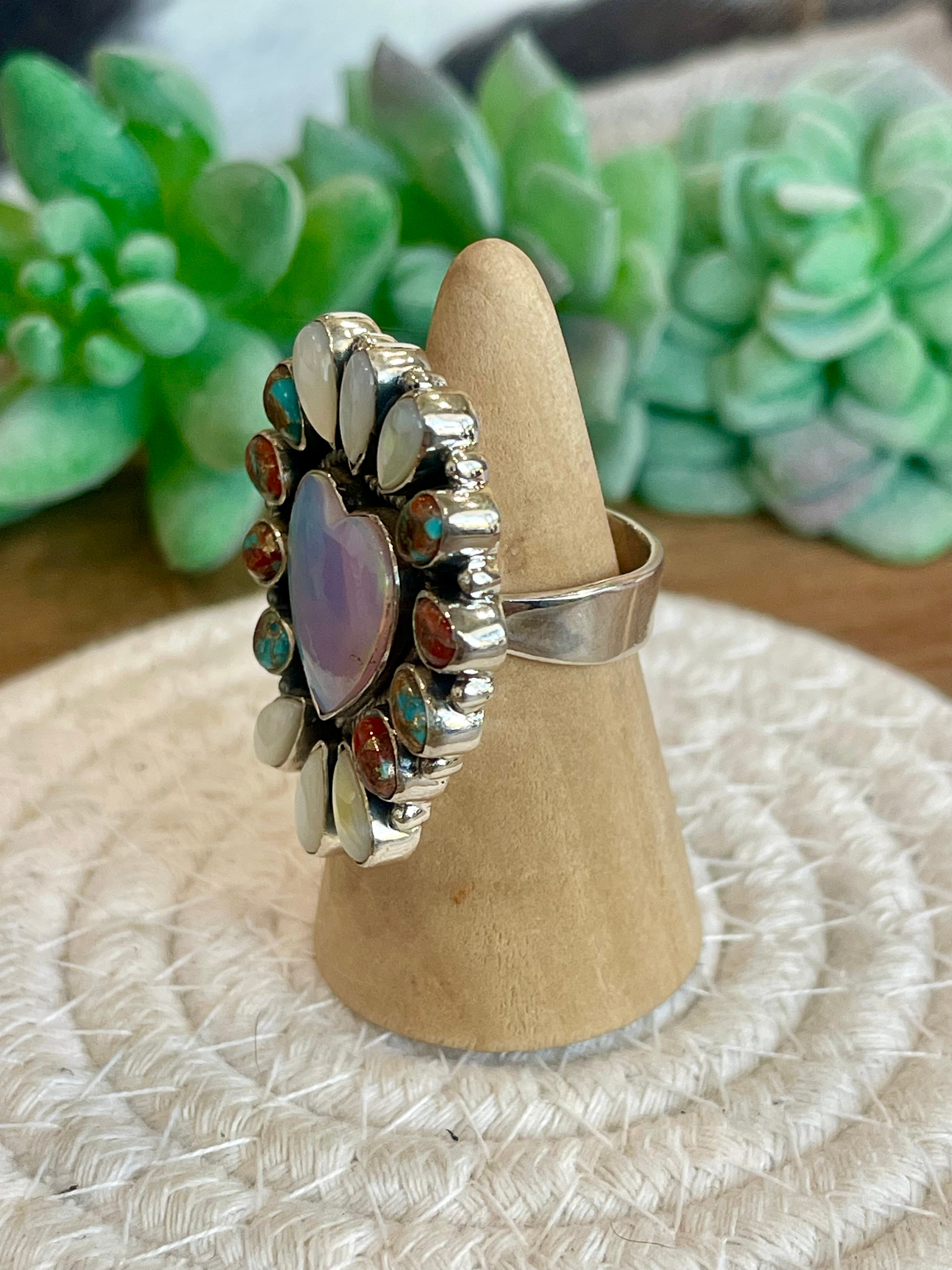 Handmade Opal, Mother Of Pearl, Mojave And Sterling Silver Adjustable Ring Signed Nizhoni