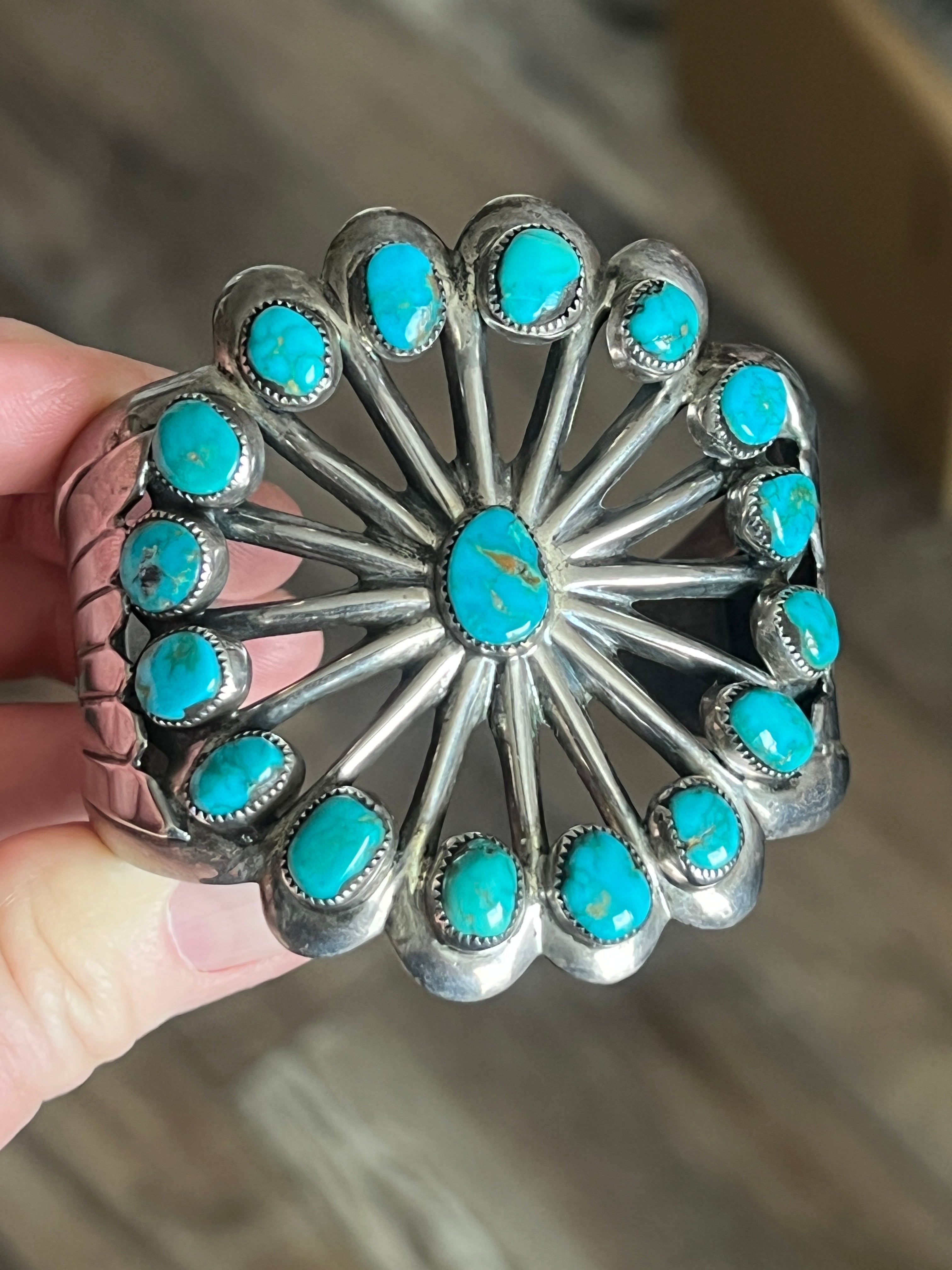 Vintage Cast Sterling Silver and Turquoise Flower Motif Cuff Bracelet