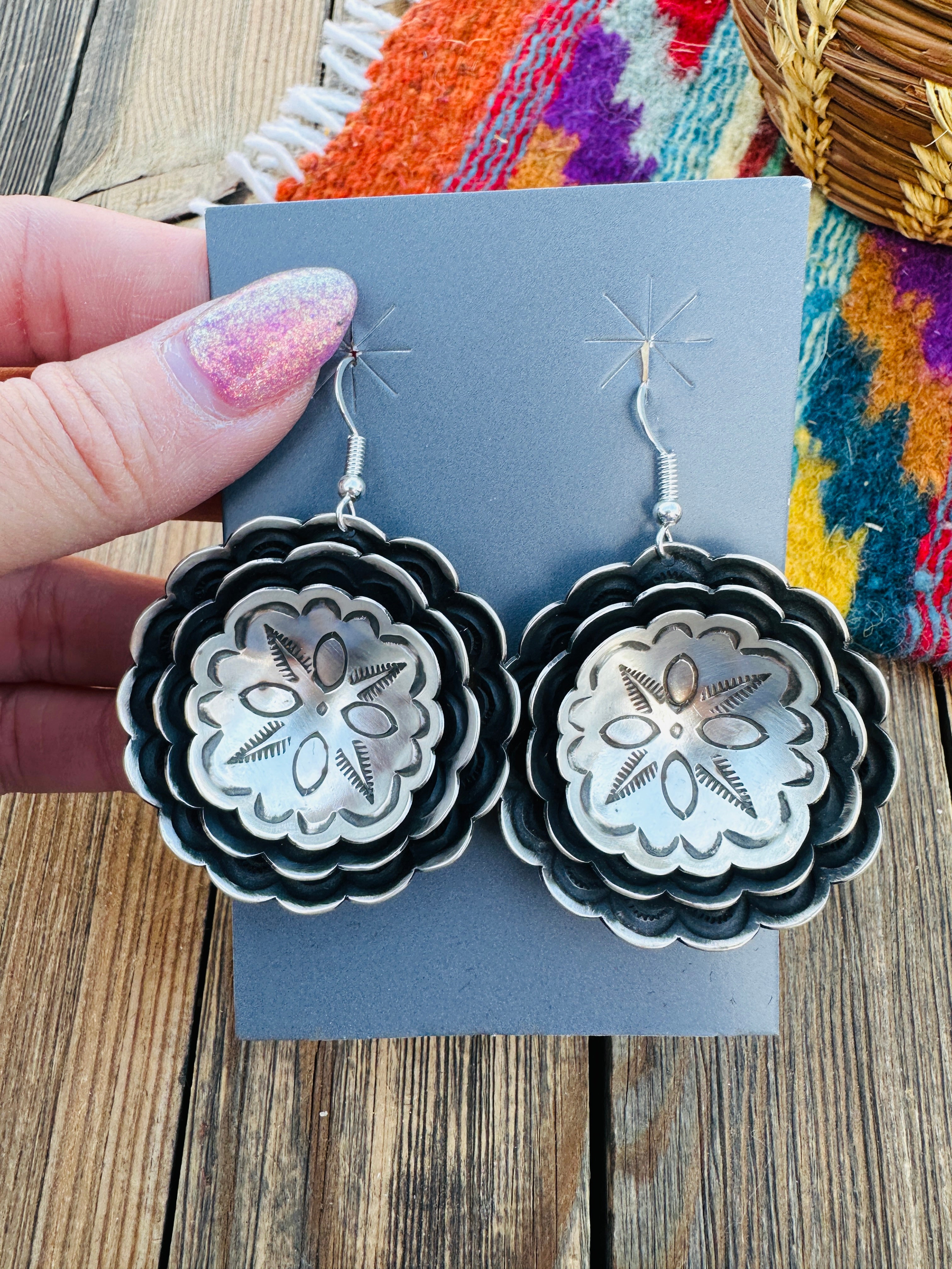 Handcrafted Sterling Silver Concho Dangle Earrings by Leander Tahe