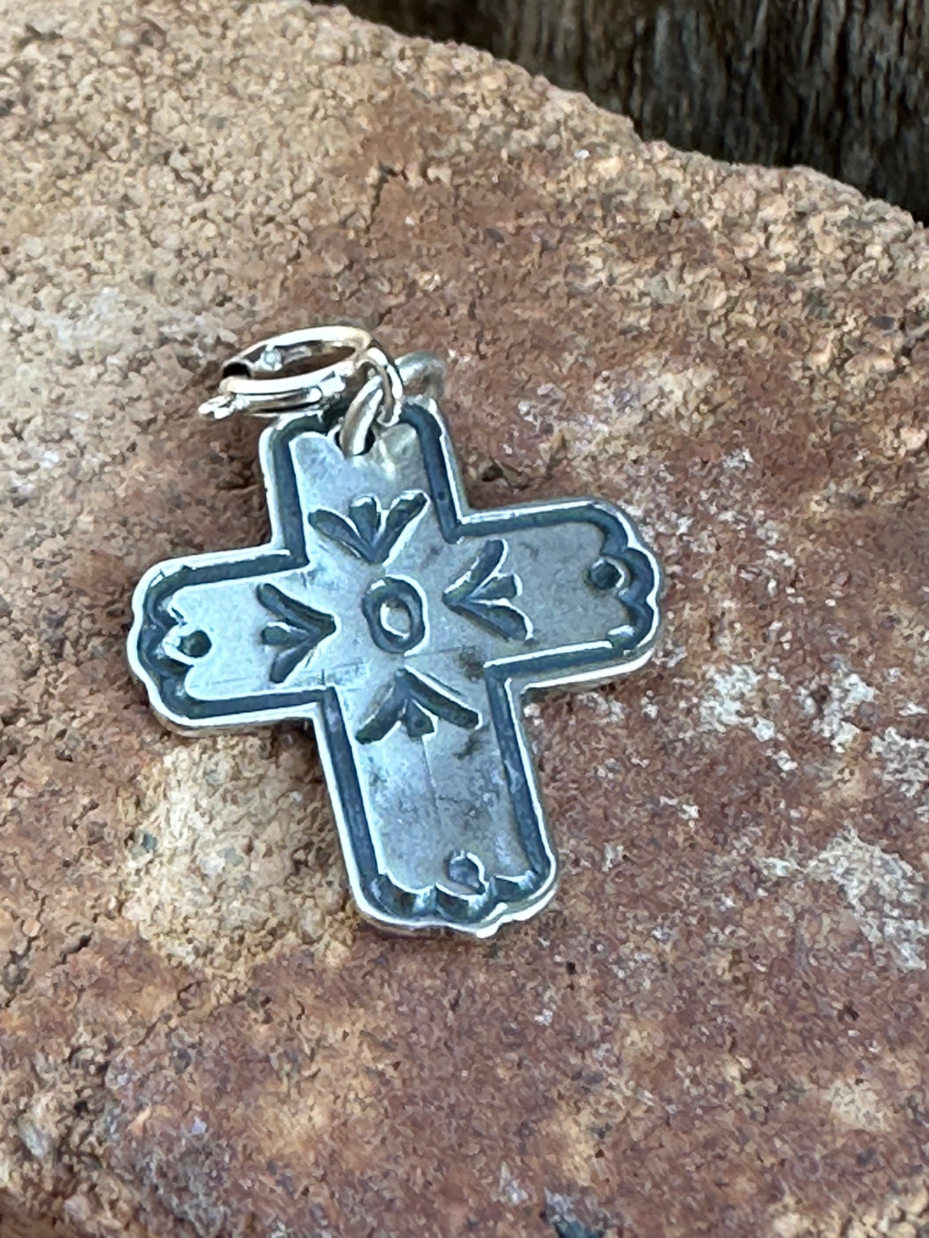 Navajo Crafted Sterling Silver Hand Stamped Cross Charm