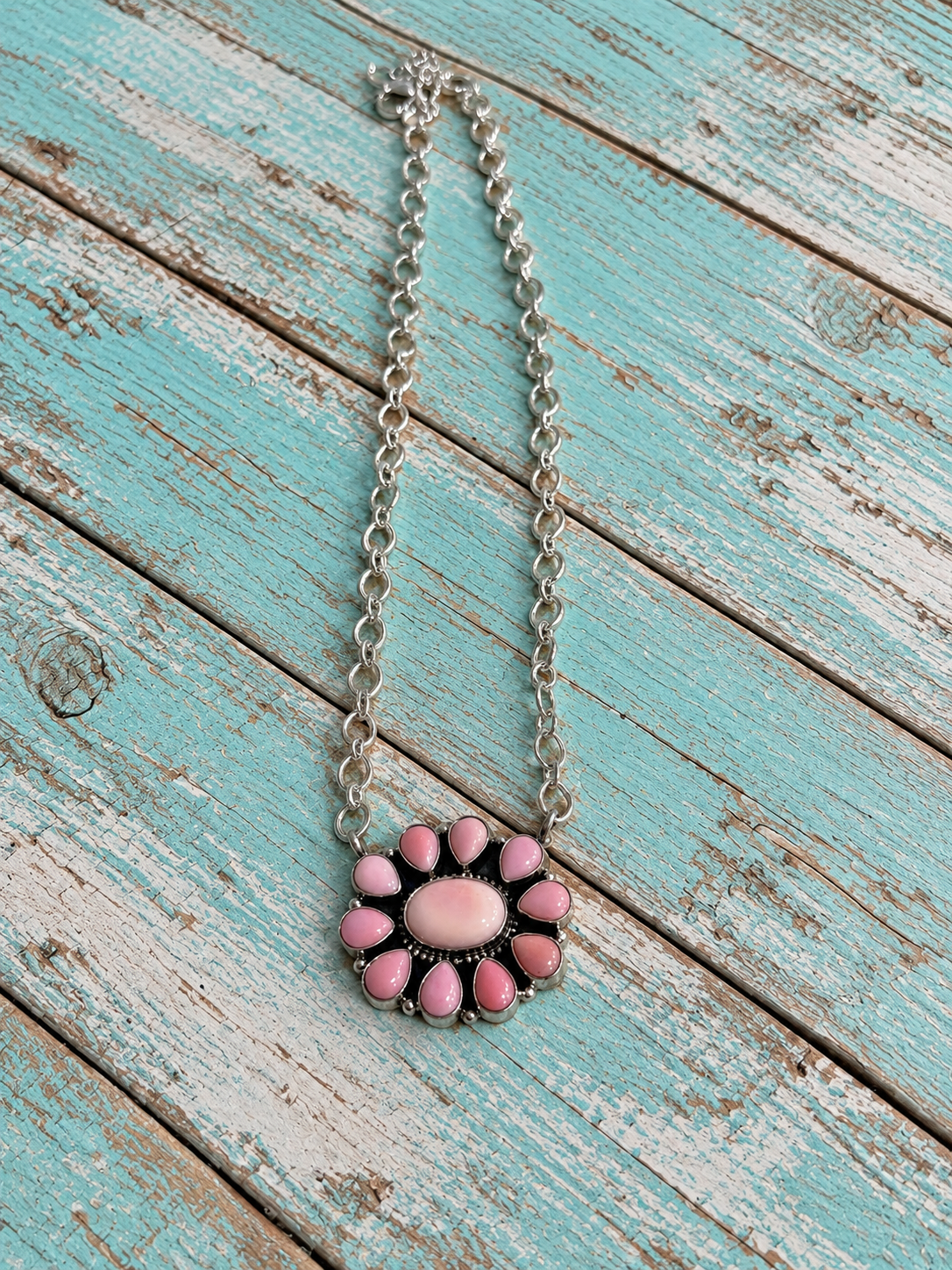 Handcrafted Queen Pink Conch Shell And Sterling Silver Necklace Signed Sheila- Darker Stone