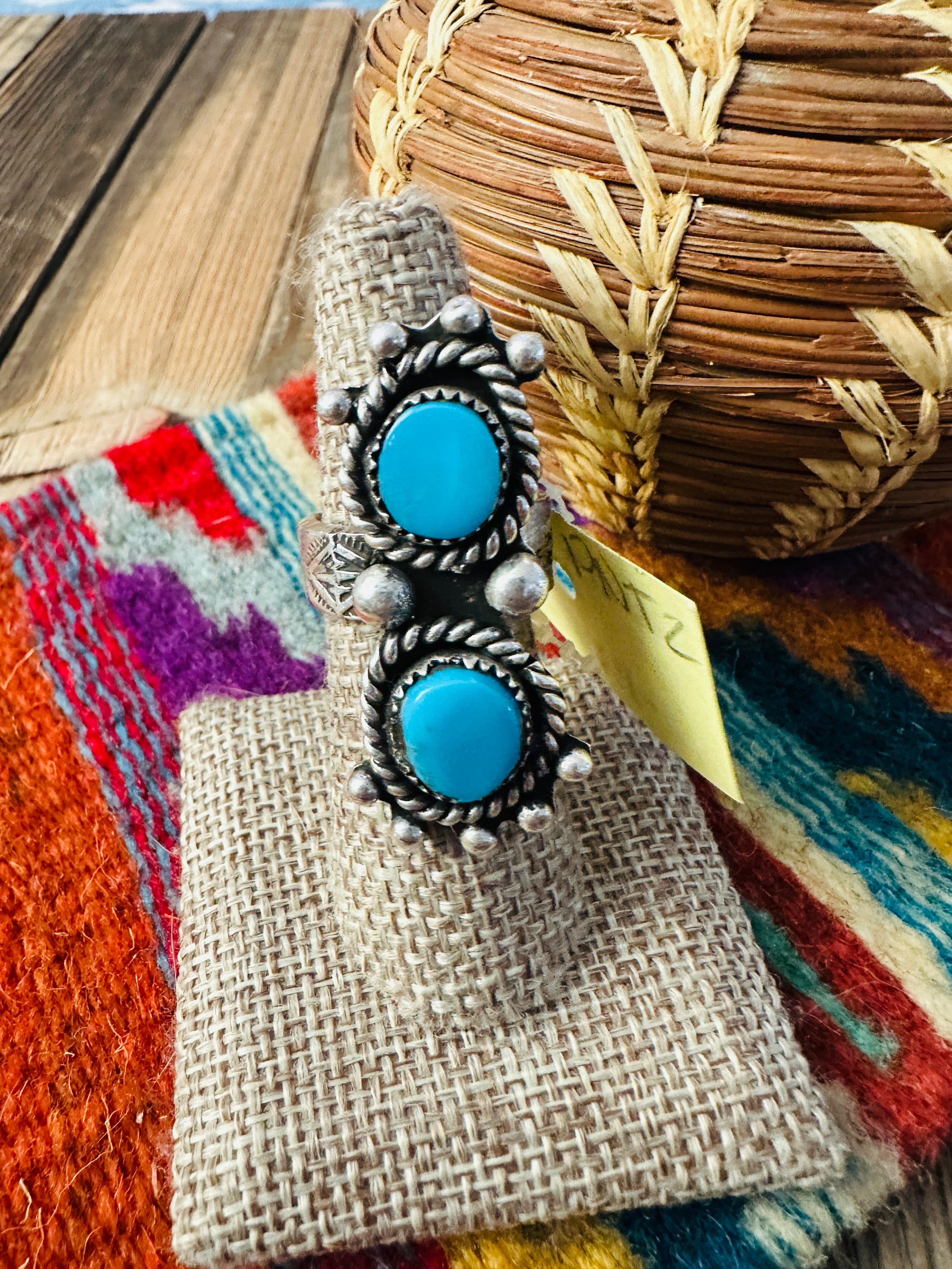 Old Pawn Handcrafted Turquoise & Sterling Silver Ring Size 8