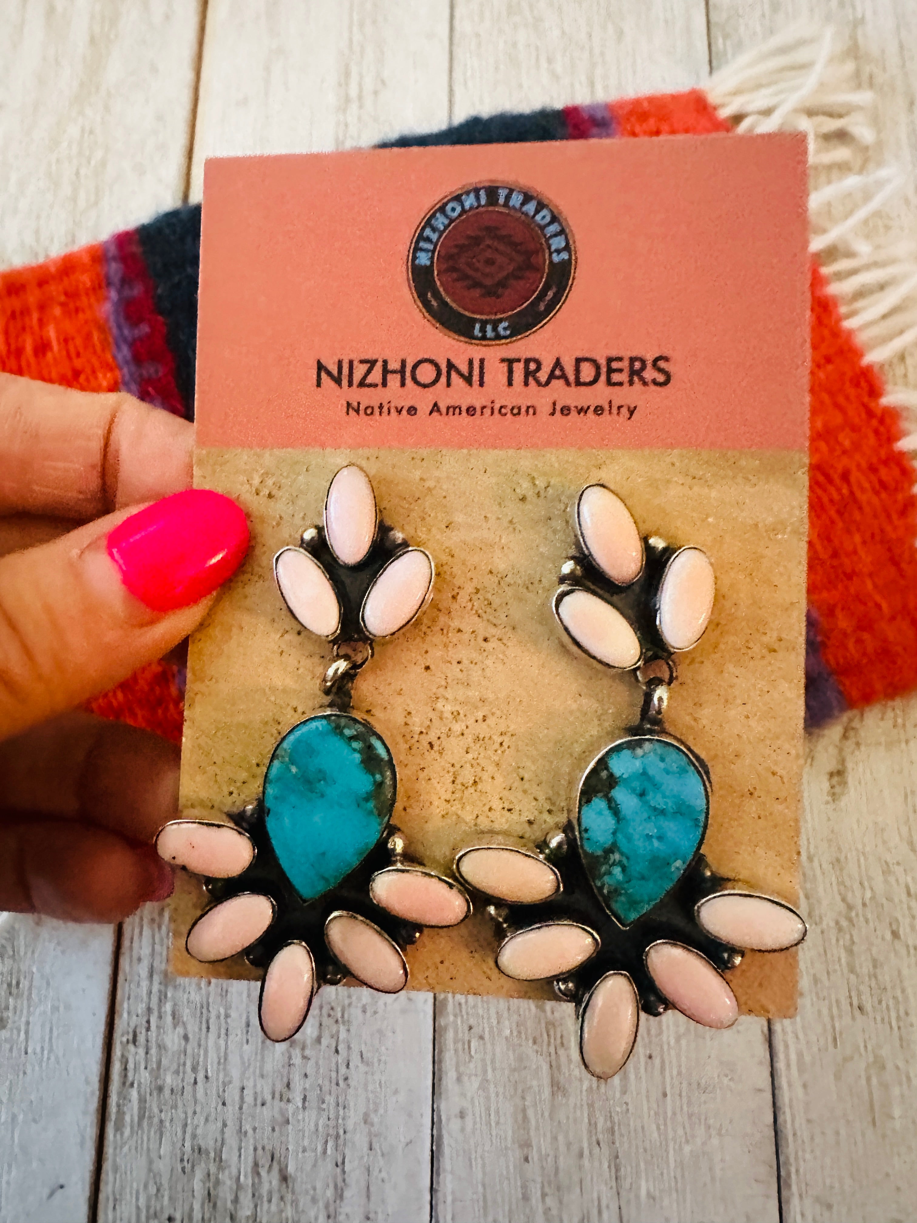 Navajo Queen Pink Conch, Turquoise & Sterling Silver Dangle Earrings