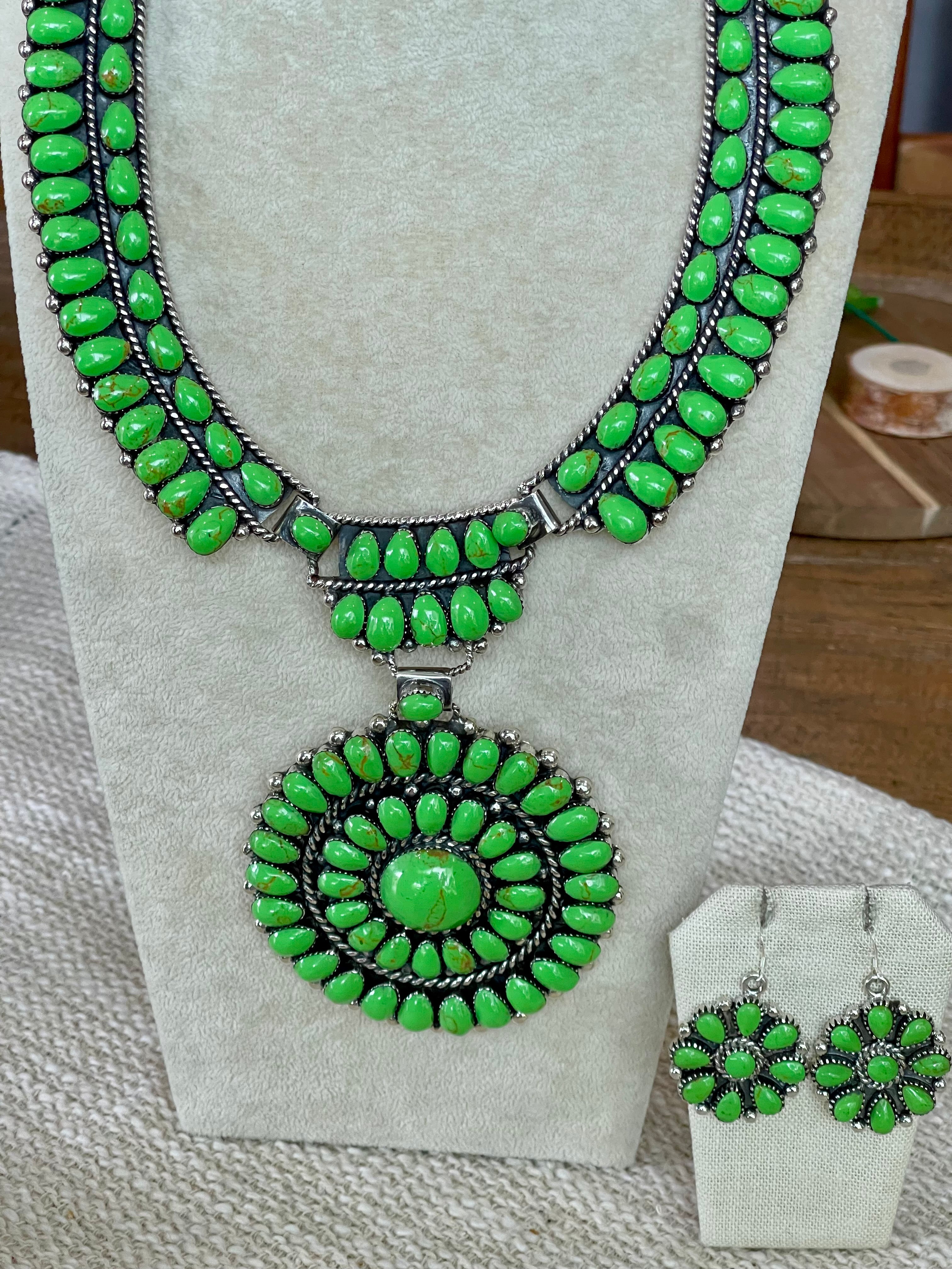 Beautiful Handmade Sterling Silver & Dyed Kingman Turquoise Cluster Necklace And Earring Set