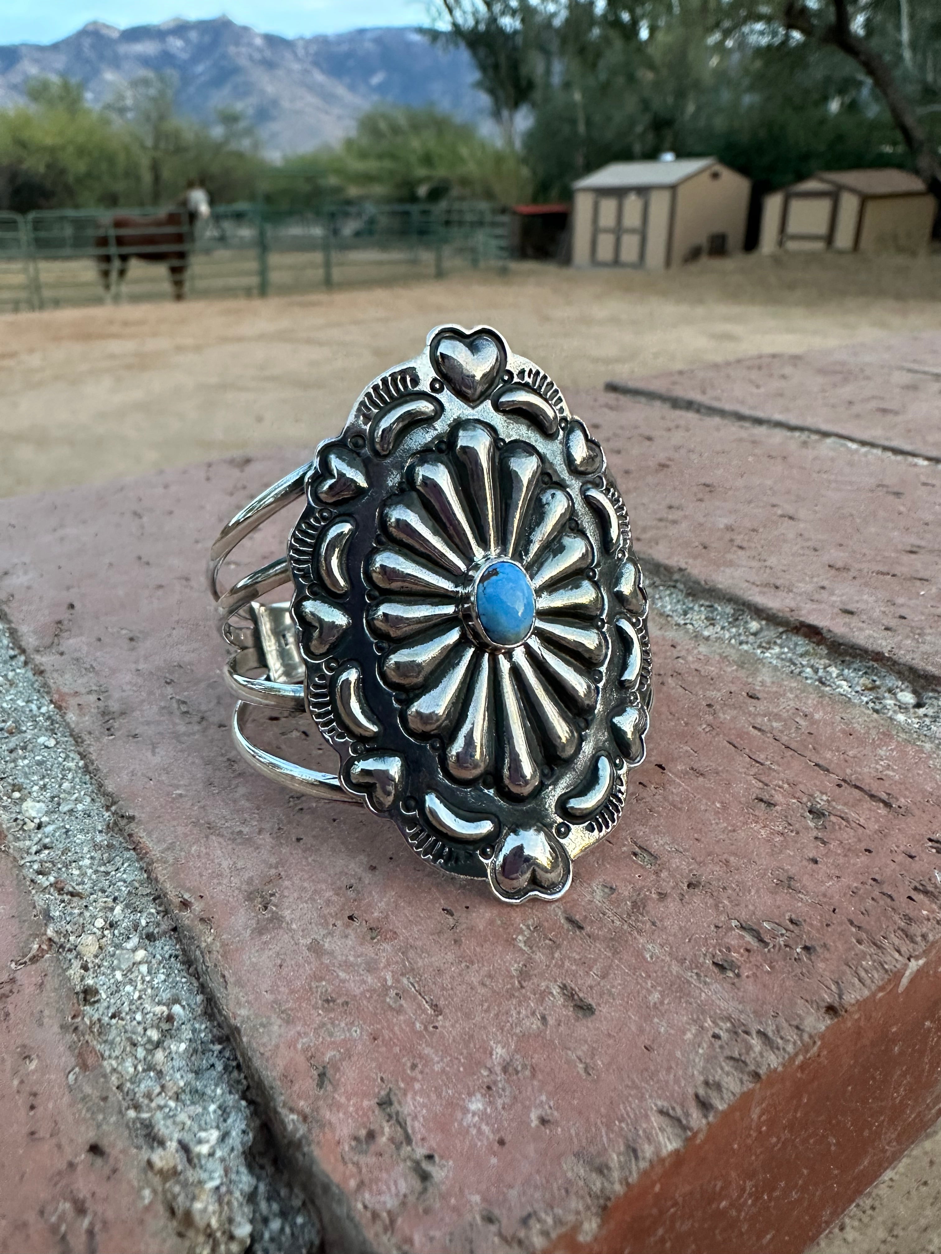 Handmade Sterling Silver & Golden Hills Turquoise Concho Cuff