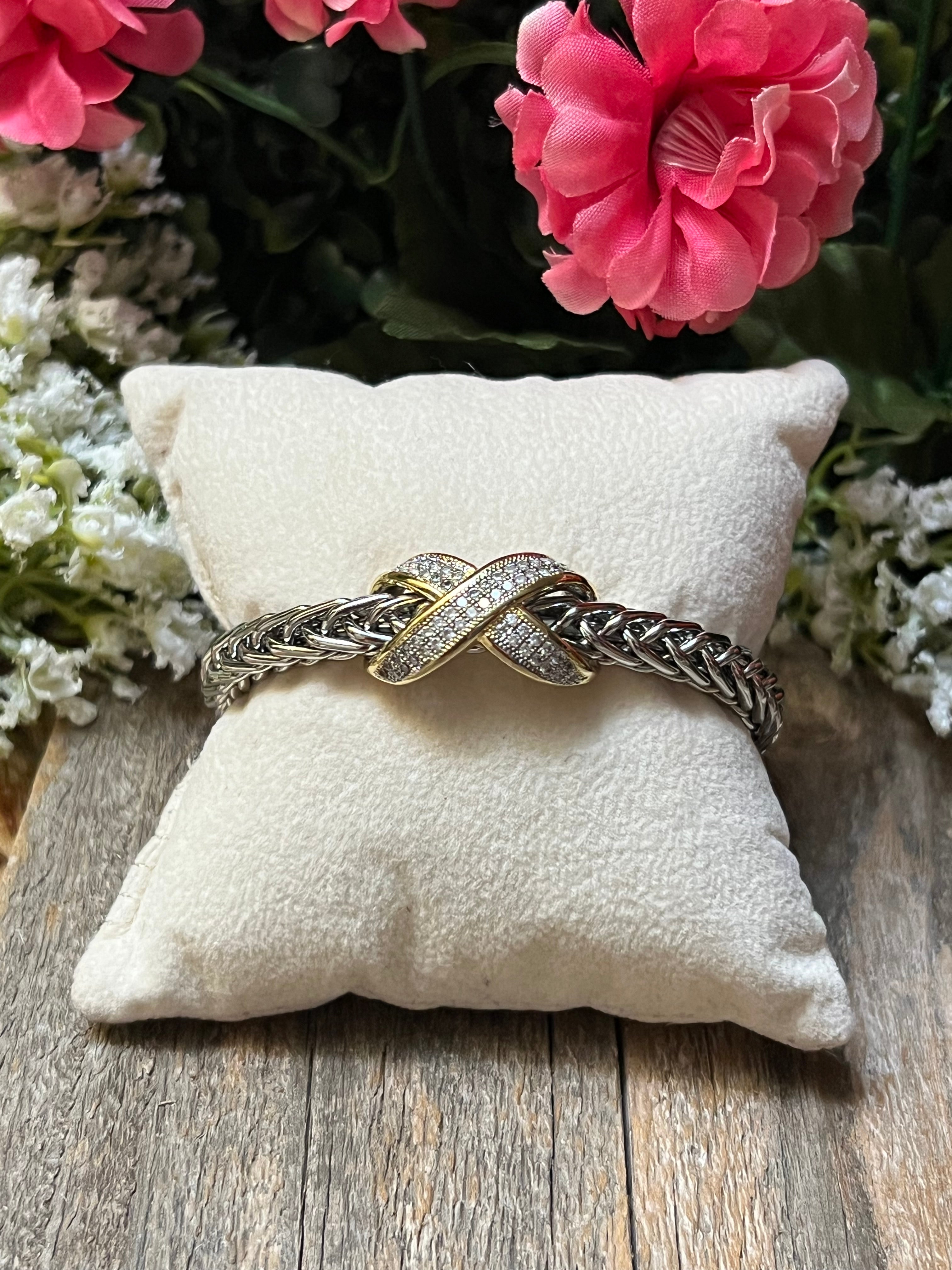Silver & 14k Gold Plated Two Tone CZ “X” Bangle Bracelet