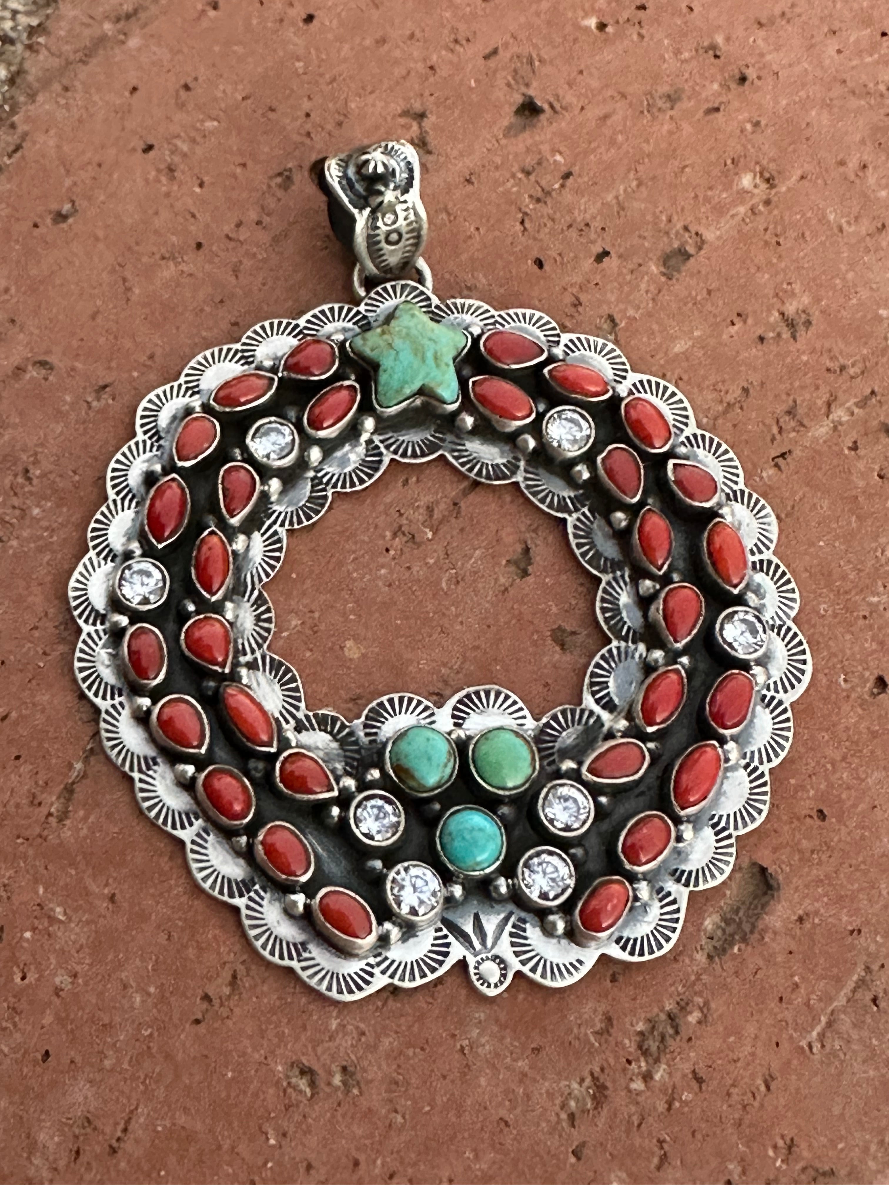 Handmade Sterling Silver, Coral & Kingman Turquoise Christmas Wreath Pendant