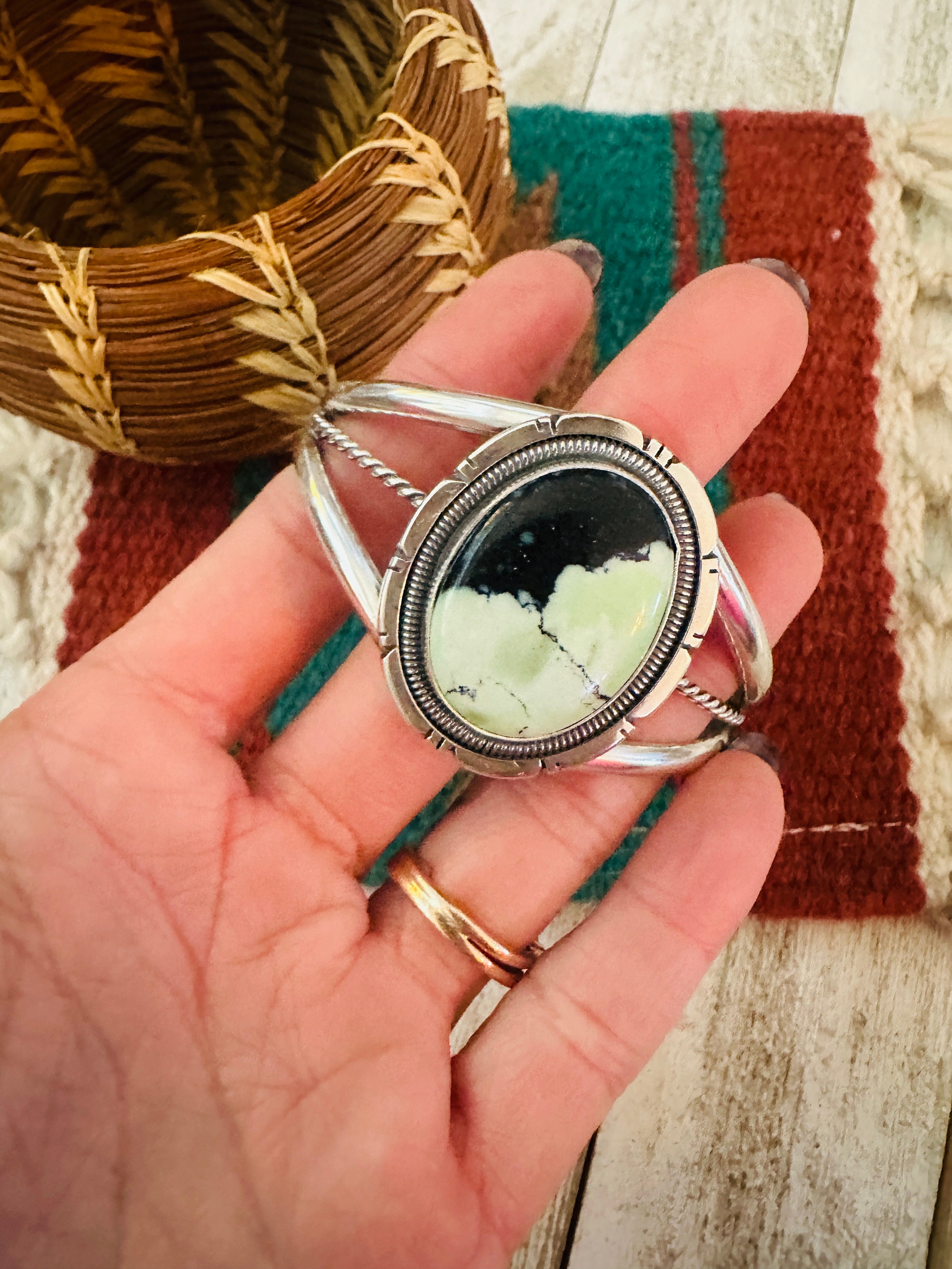 Navajo New Lander Turquoise & Sterling Silver Cuff Bracelet by Wydell Billie