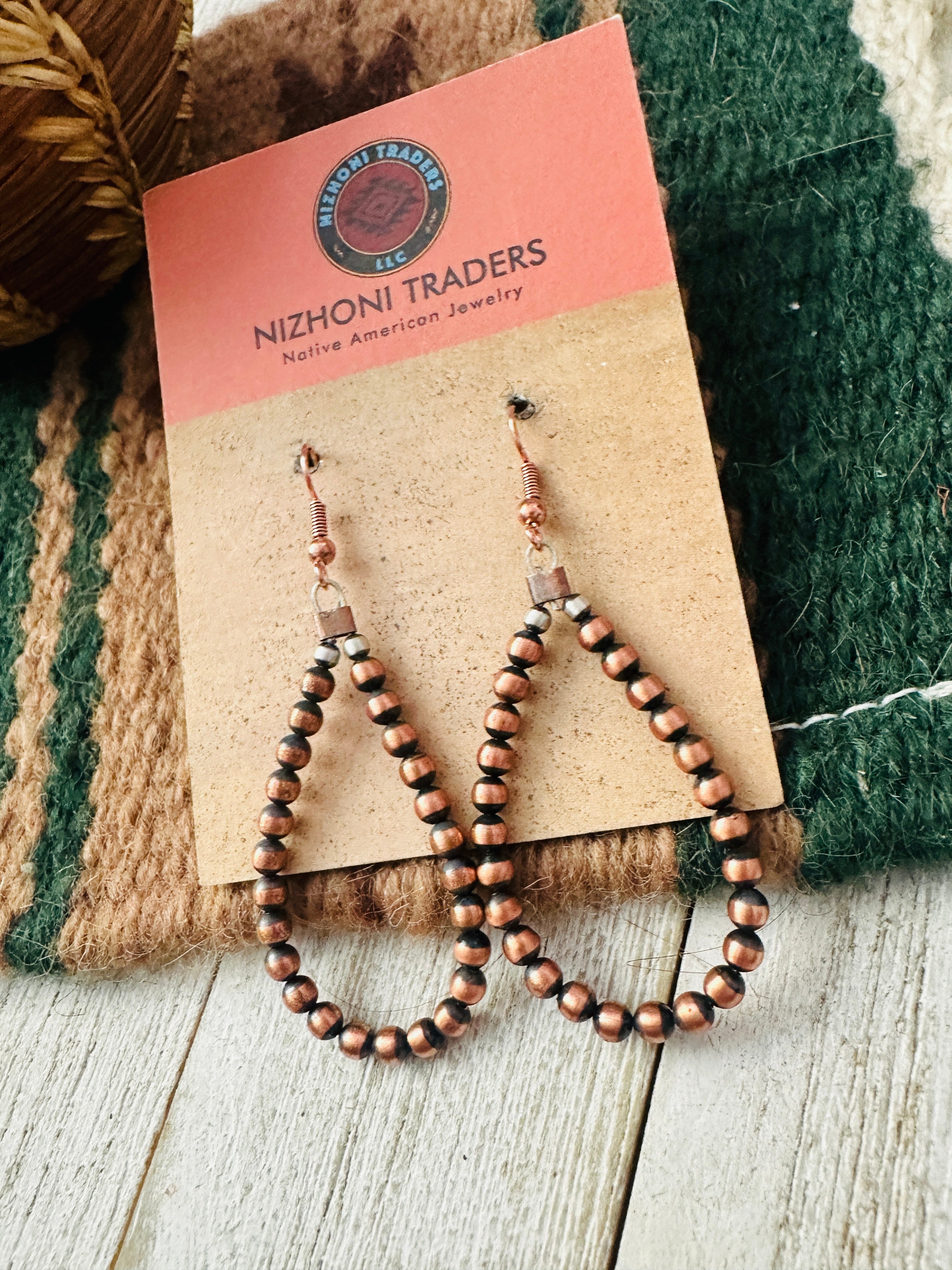 Navajo Copper Beaded Dangle Hoop Earrings