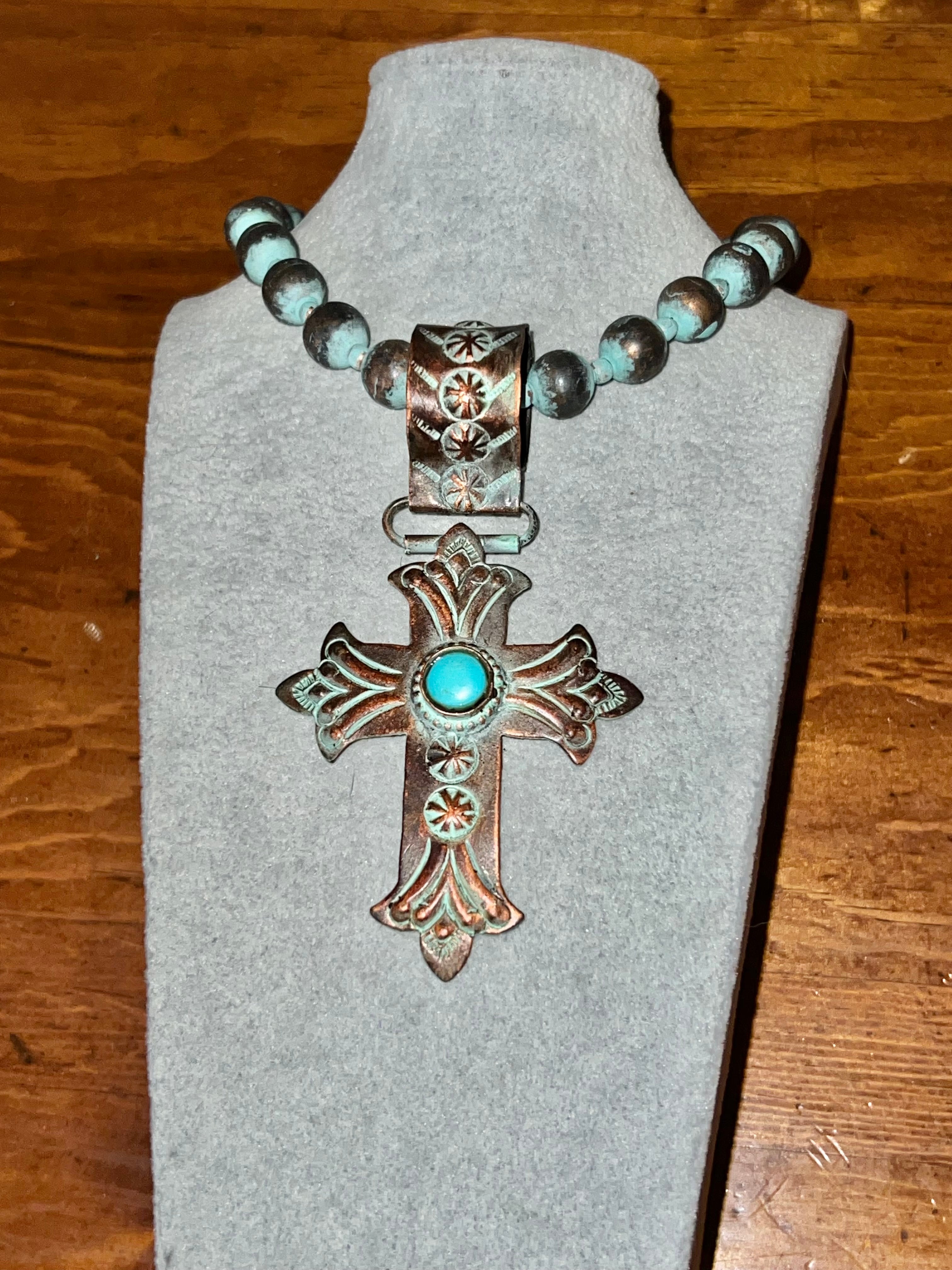 Patina Beaded Necklace with Cross Pendant