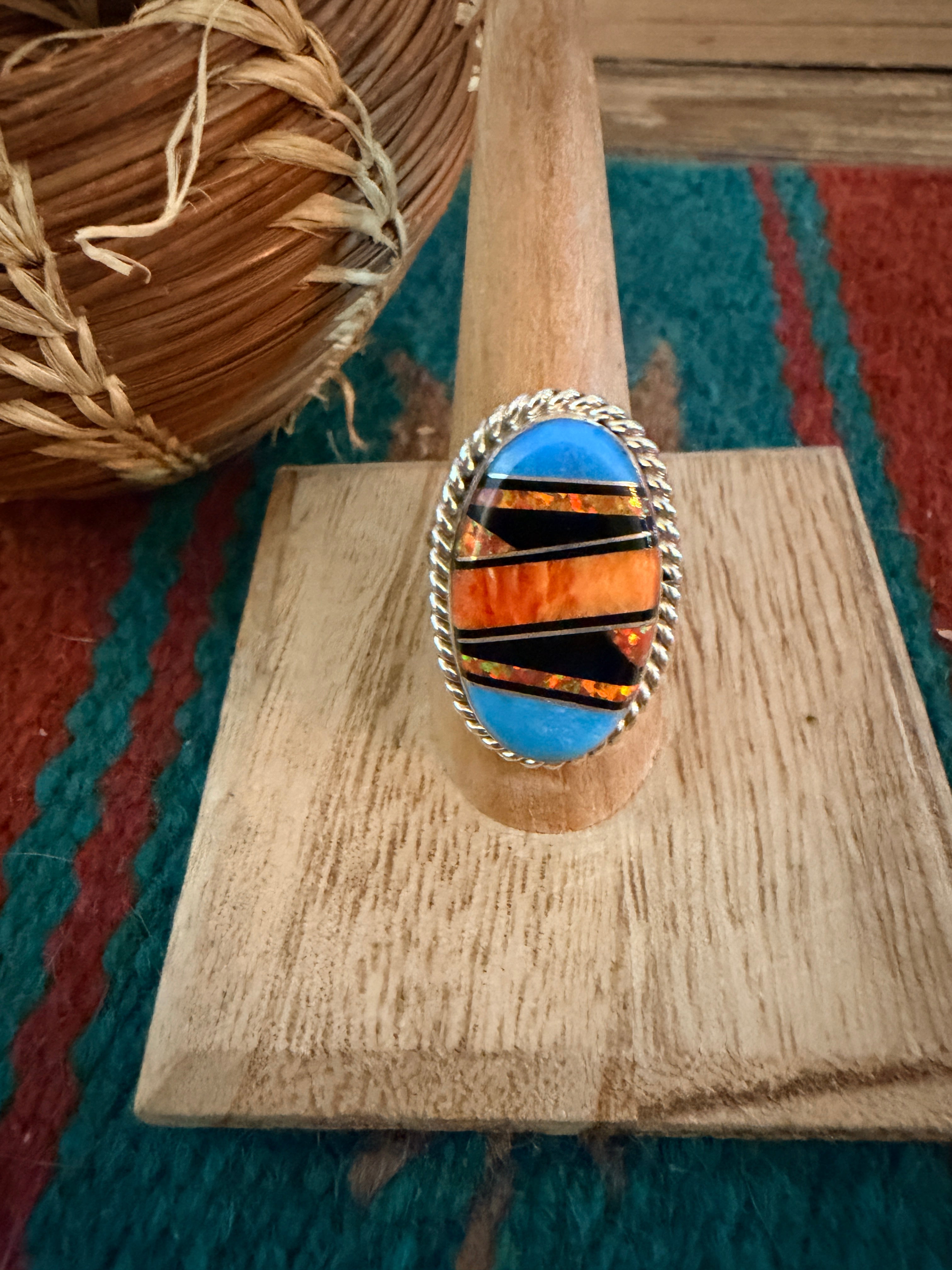Handcrafted Multi Stone & Sterling Silver Inlay Ring Size 9