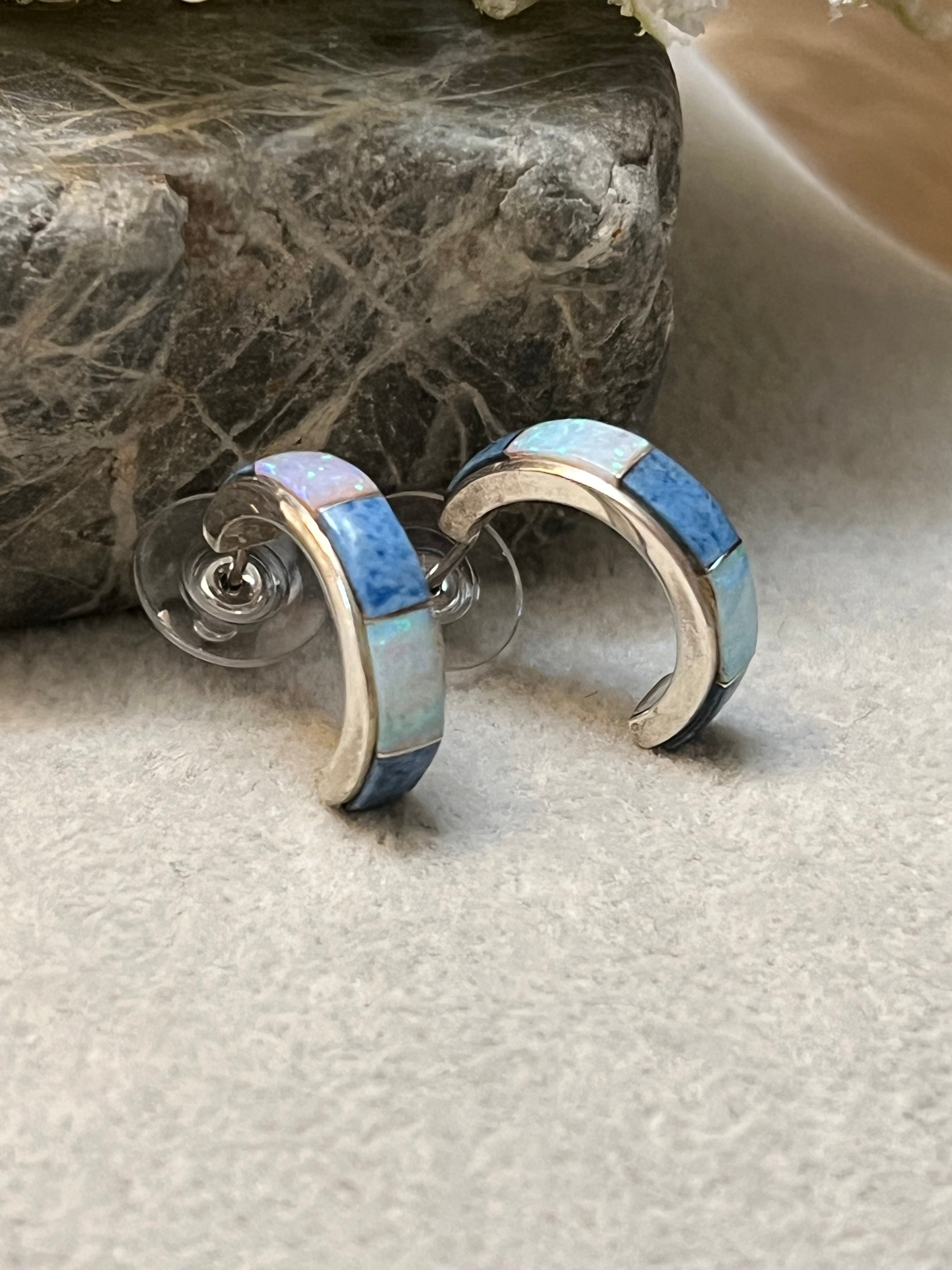 Handmade Sterling Silver With Blue, White, & Purple Opal Hoop Post Earrings