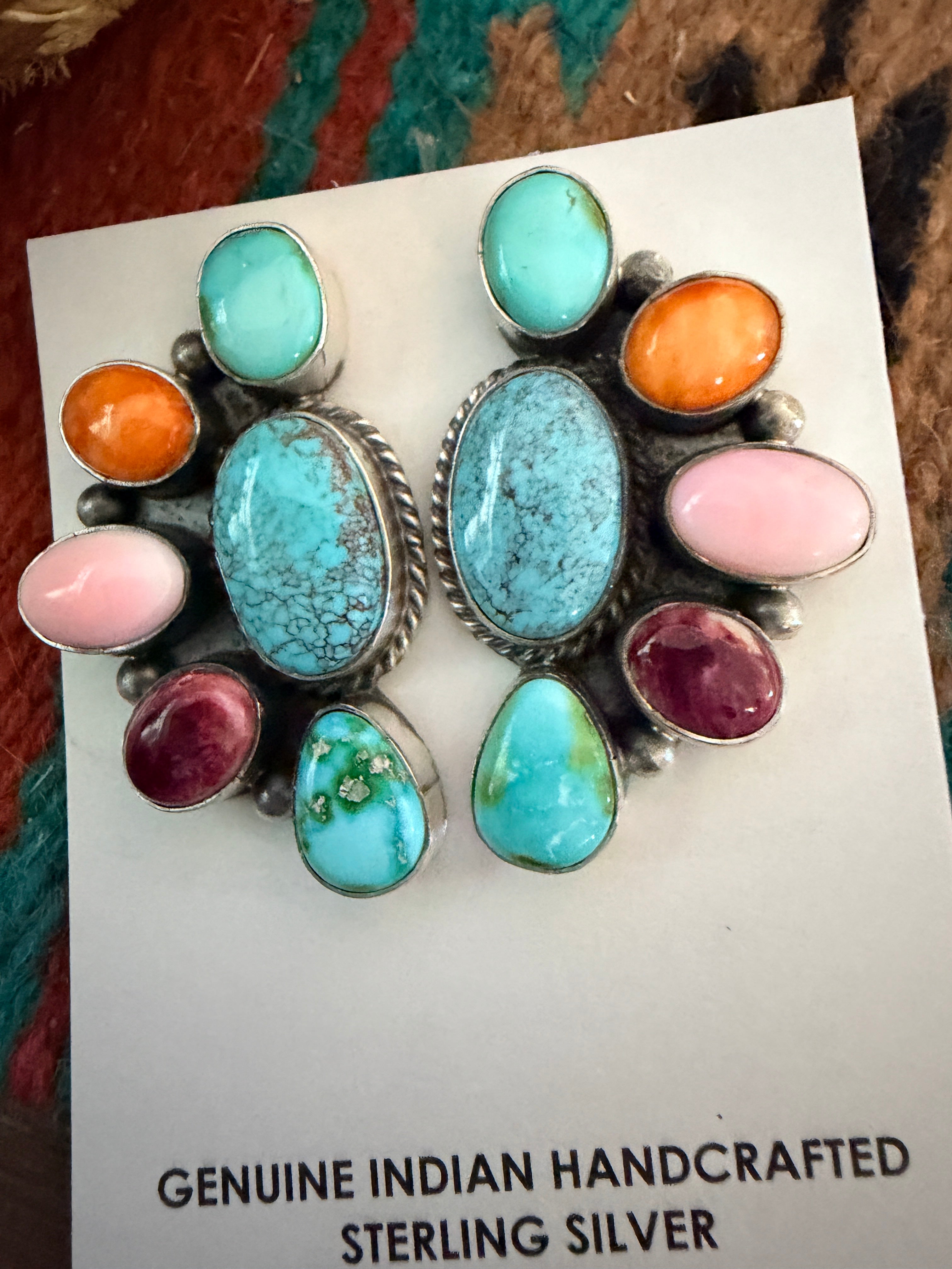 Handcrafted Turquoise, Spiny Oyster, Queen Pink Conch & Sterling Silver Post Earrings by Hiram Largo