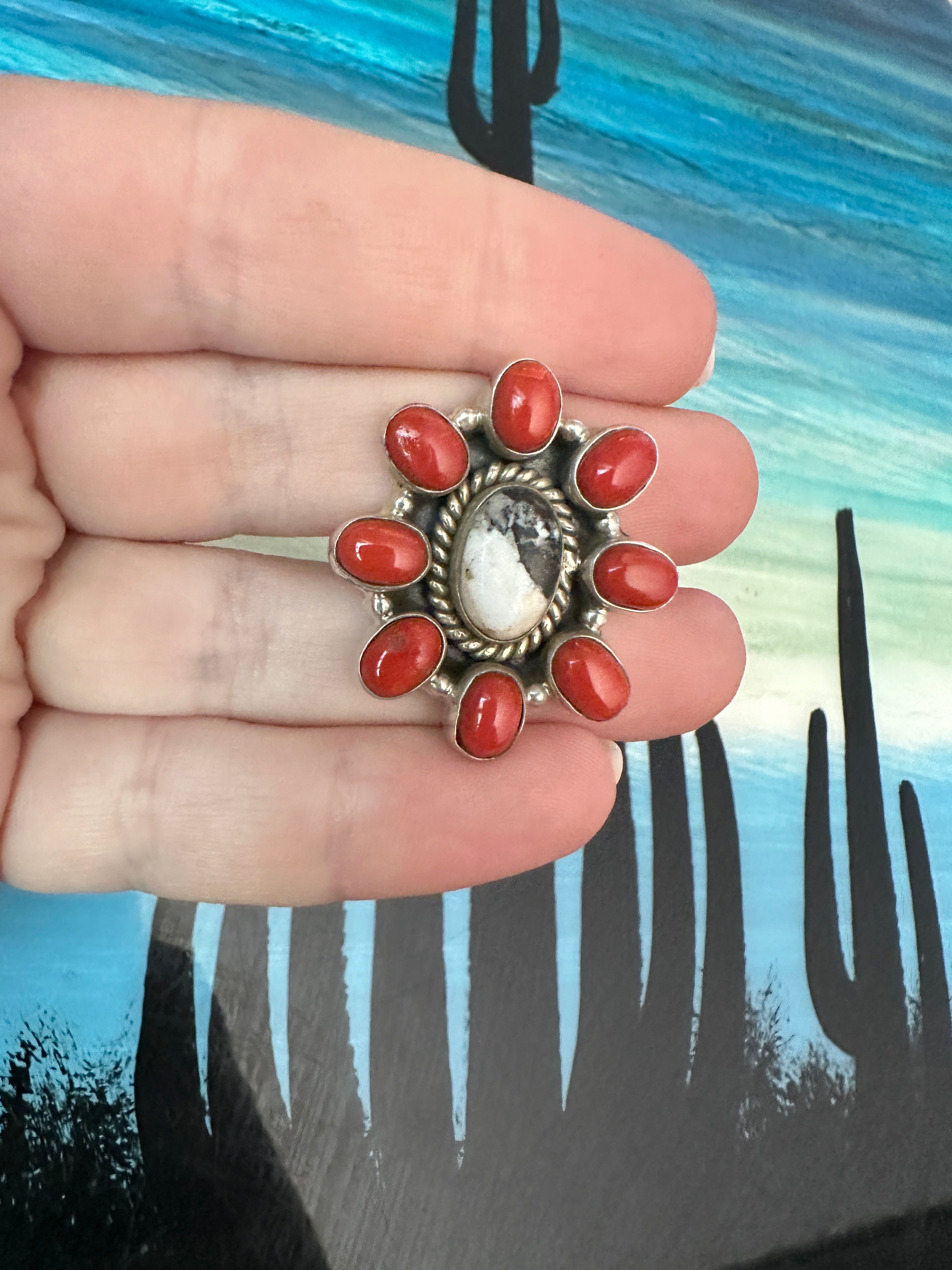 Handmade Coral, White Buffalo & Sterling Silver Adjustable Ring Signed Nizhoni